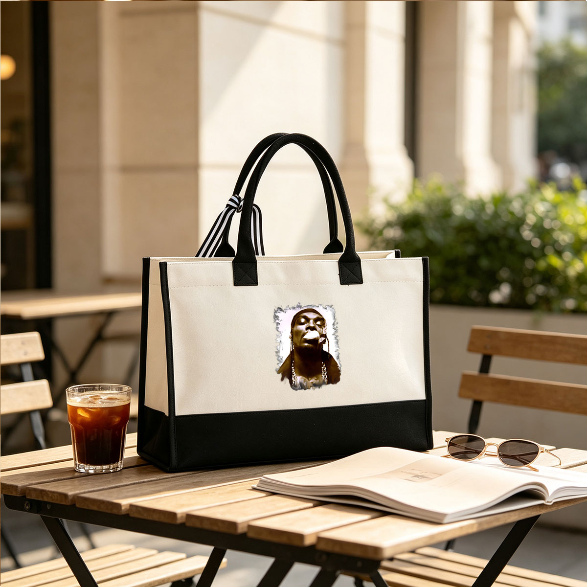 Snoop Dogg blowing smoke, wearing a cap and chains, sepia-toned portrait - Canvas patchwork gift tote bag