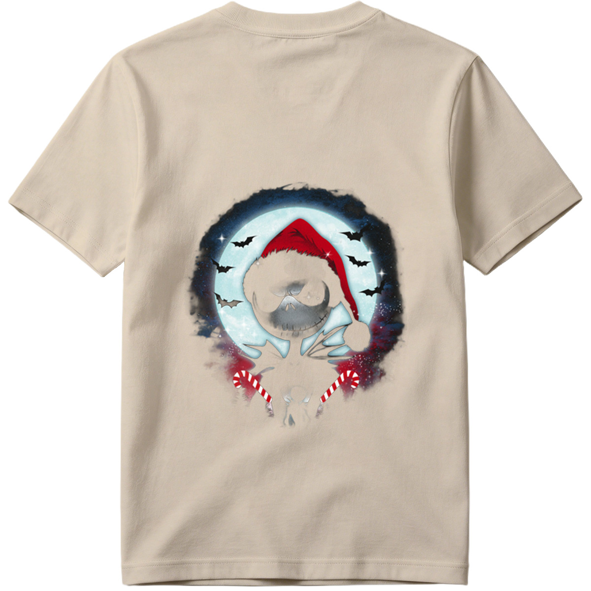Jack Skellington in Santa Hat with Candy Canes Against Moonlit Sky - Tee