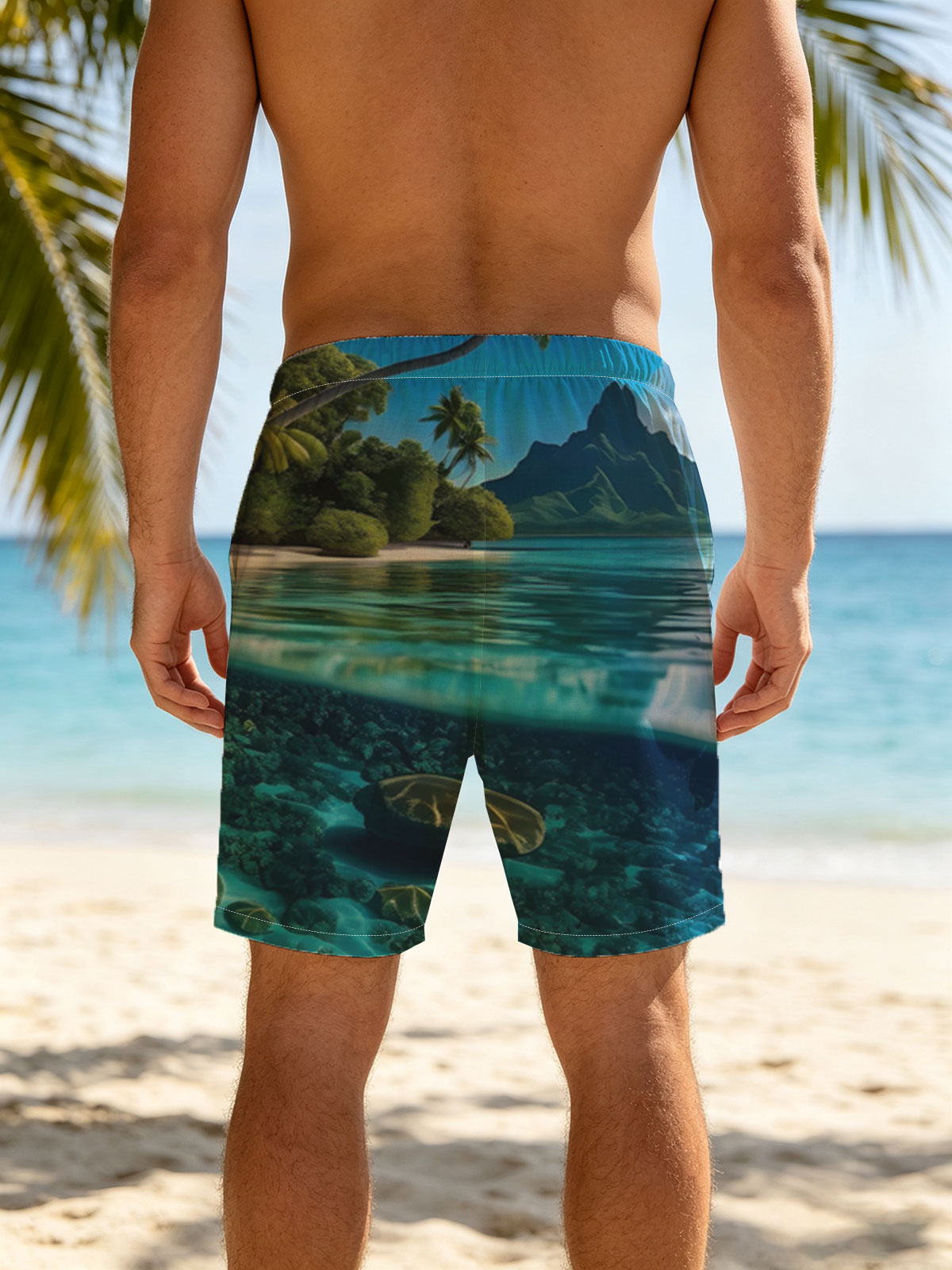 Tropical Paradise with Clear Waters and Coral Reef -  Beach shorts