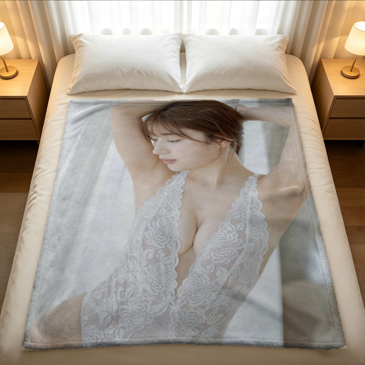 A young Asian woman with long black hair kneeling topless on a bed, covering her breasts with a black bra while wearing a striped mini skirt. - Blanket