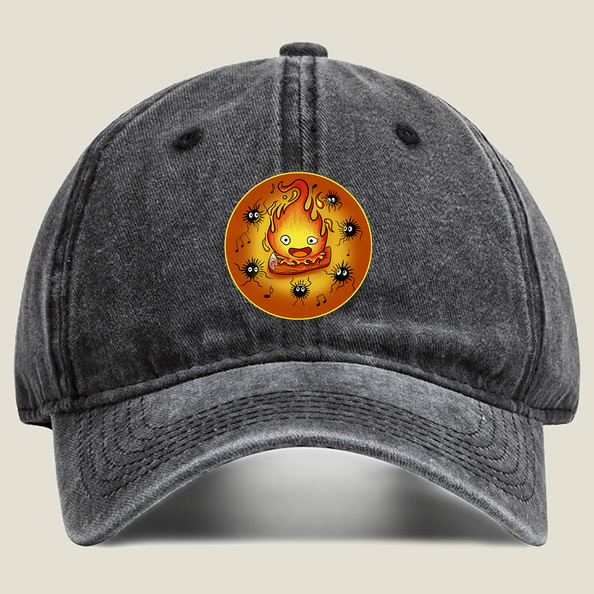 Flame Character with Spiders and Music Notes - Washed Denim - Baseball Cap