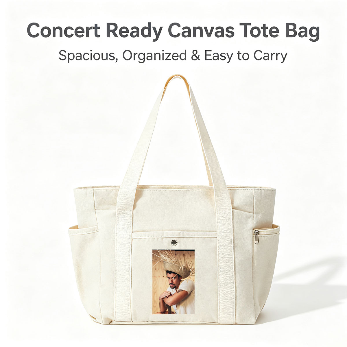Bad Bunny Wearing a Straw Hat with Hay Sticks, Leaning Against a Wooden Wall in a Casual Pose - Multi-pocket bags