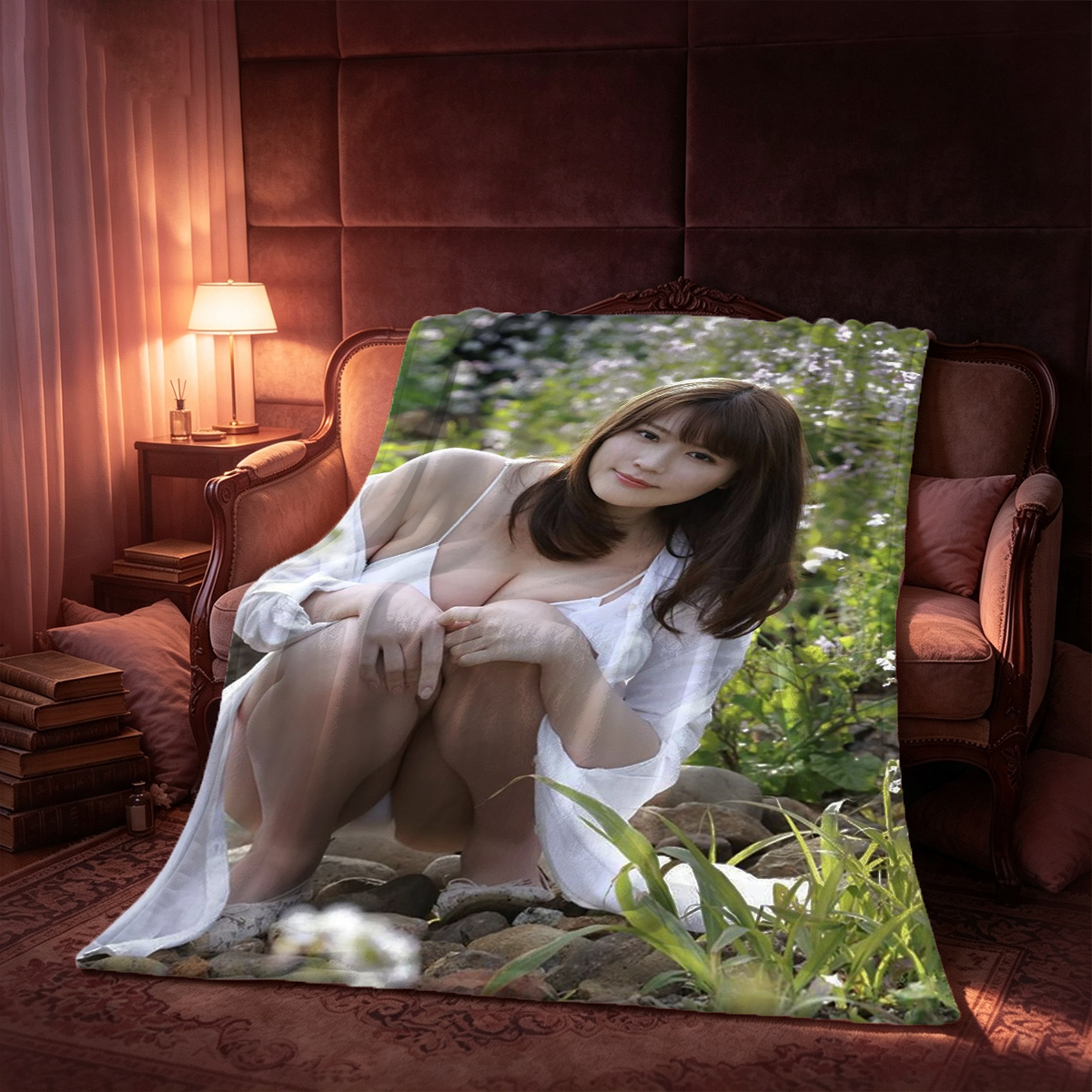 Red Lingerie Seduction on Marble Floor - Blanket