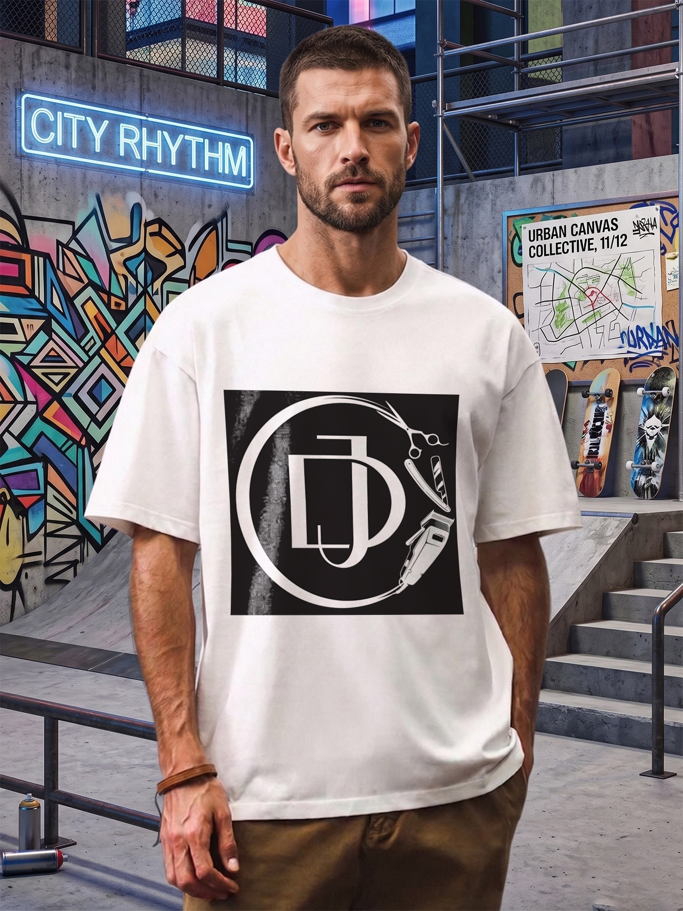 Men's Printed T-Shirt with Barber Tools and Monogram Design, Casual Round Neck Summer Lightweight Breathable Short Sleeve Tee for Barbershop Enthusiasts and Hair Styling Professionals