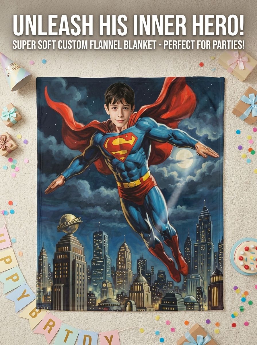 Custom Superhero Face Photo Flannel Throw Blanket, Personalized Ultra Soft Cozy Fleece for Couch, Bed and Birthday Gift