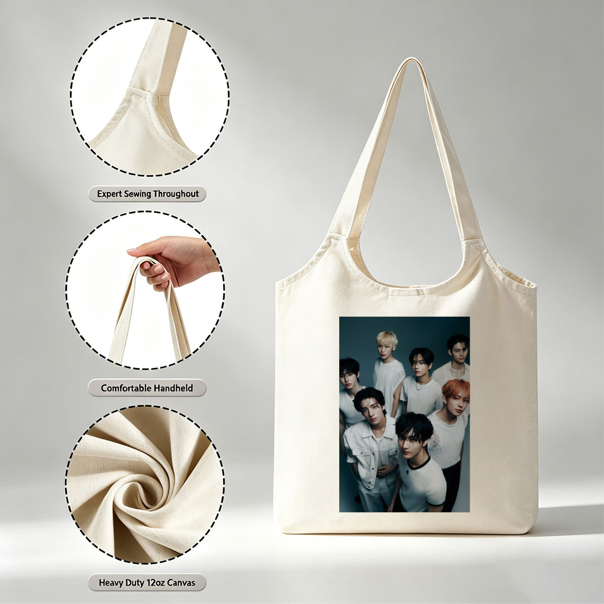 ENHYPEN Group Photo - Seven Members in White Outfits Posed Against Dark Background - Canvas shoulder bags/