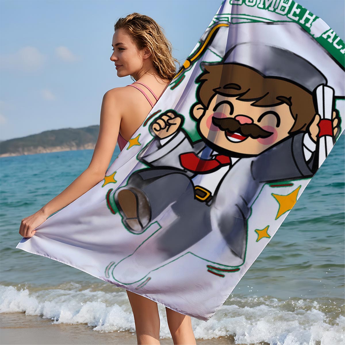 Plumber Academy Graduate Celebrates with Diploma - Beach towels