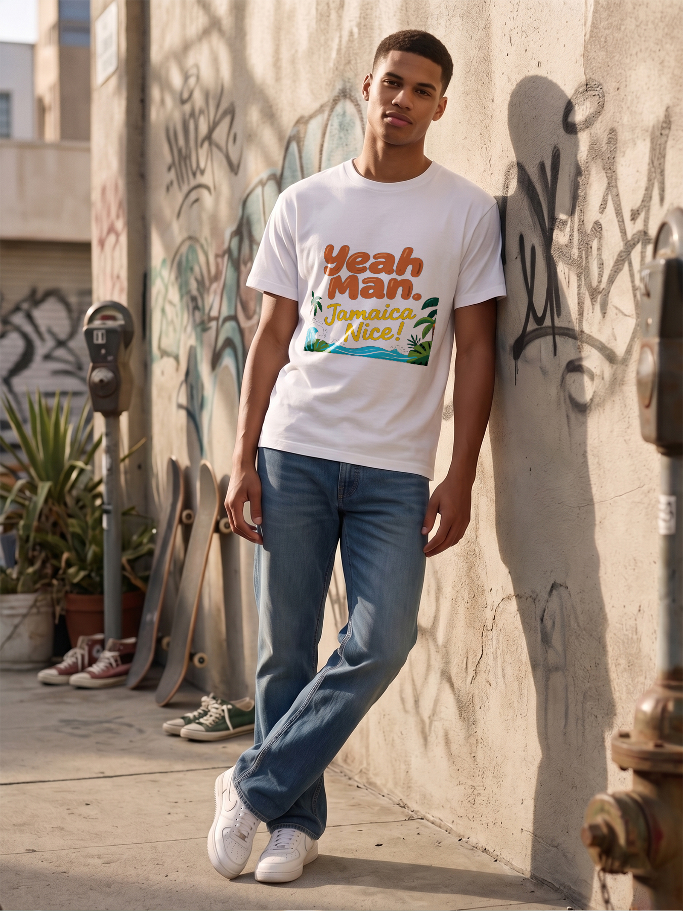 Men's Printed T-Shirt Yeah Man Jamaica Nice Tropical Palm Tree Wave Design Casual Round Neck Summer Lightweight Breathable Short Sleeve T-Shirt for Beach Vacation Travel Outdoors Men