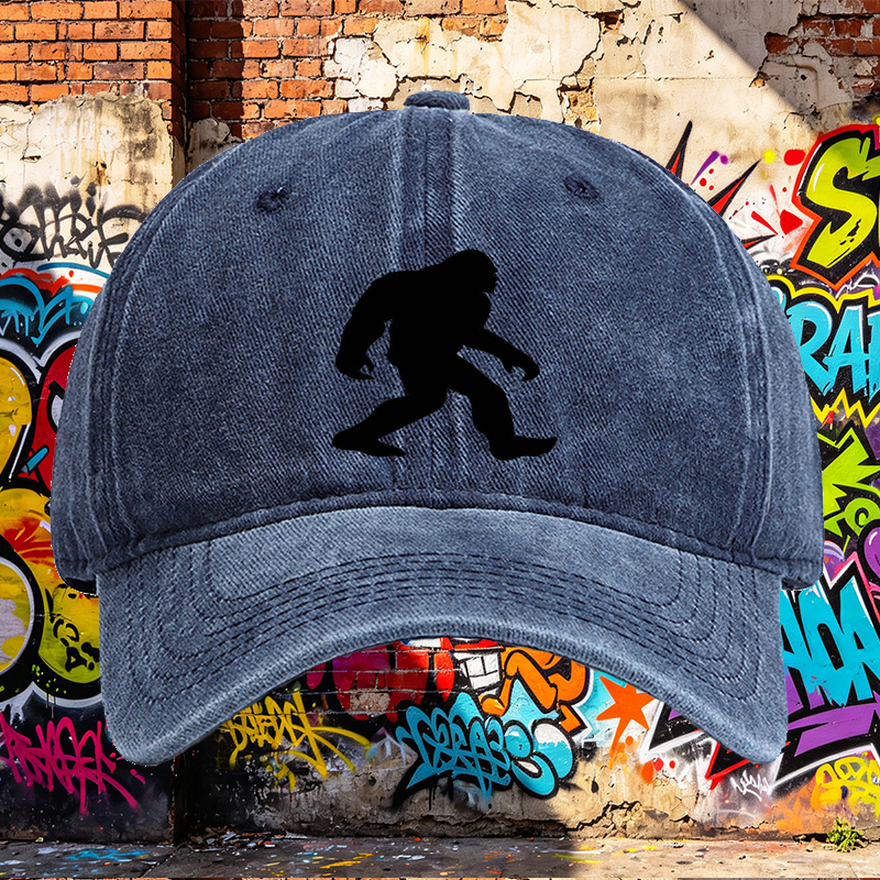 Unisex Classic Washed Cap with Bigfoot Silhouette Print - Outdoor Adventure Hat for Hiking, Camping, and Nature Enthusiasts