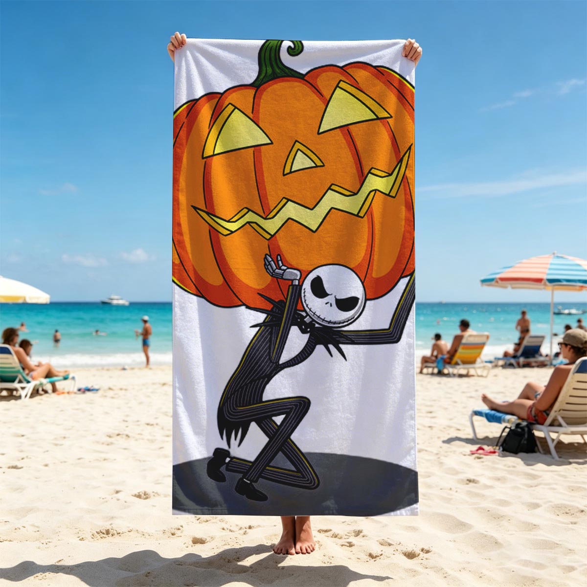 Jack Skellington Holding a Giant Jack-o'-Lantern - Beach towels