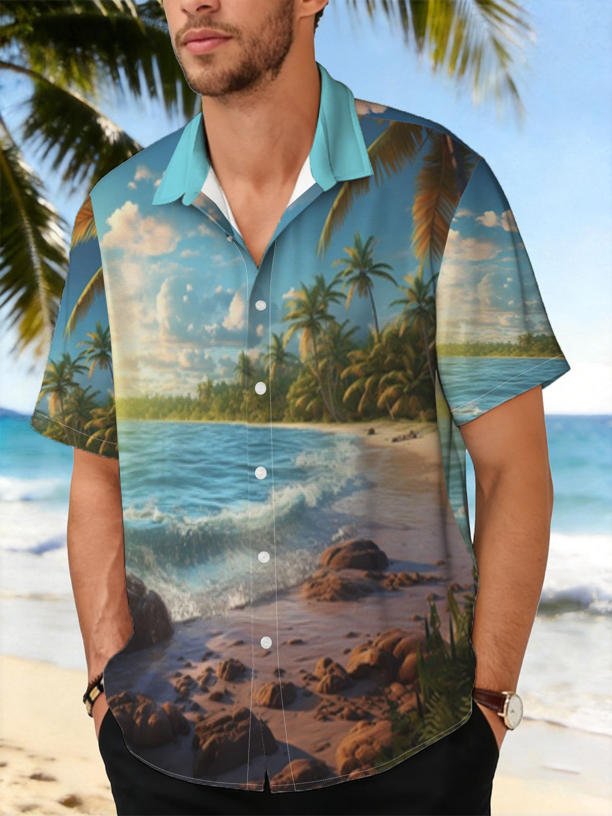 Tropical Beach at Sunset with Palm Trees and Gentle Waves -  Shirt
