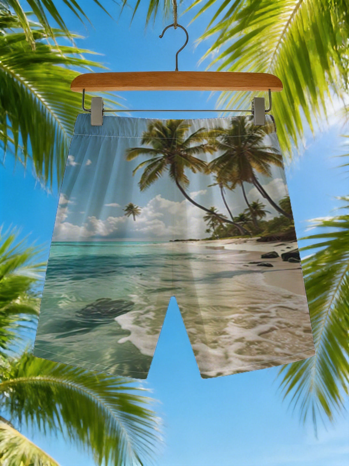 Tropical Beach with Palm Trees and Crystal Clear Water -  Beach shorts