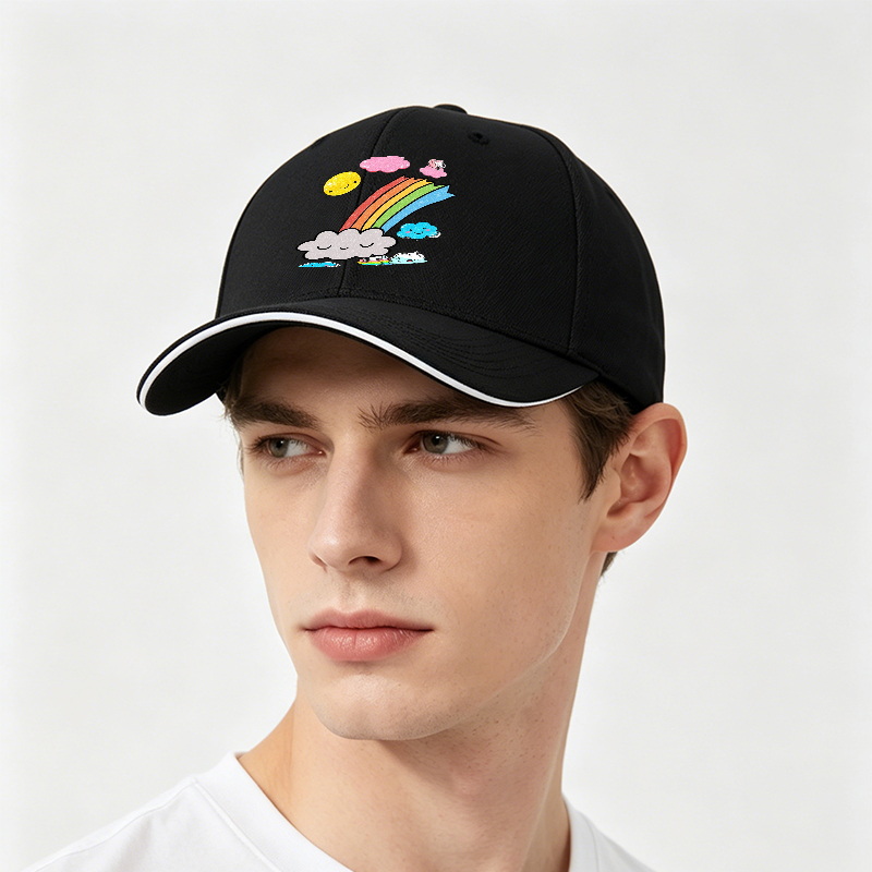 Unisex Classic Sandwich Hat with Rainbow Clouds and Sparkle Design | Perfect for Outdoor Activities, Beach, Travel, and Daily Wear | Ideal for Adults and Teens Seeking Fun, Lightweight, Fashionable Sun Protection Cap