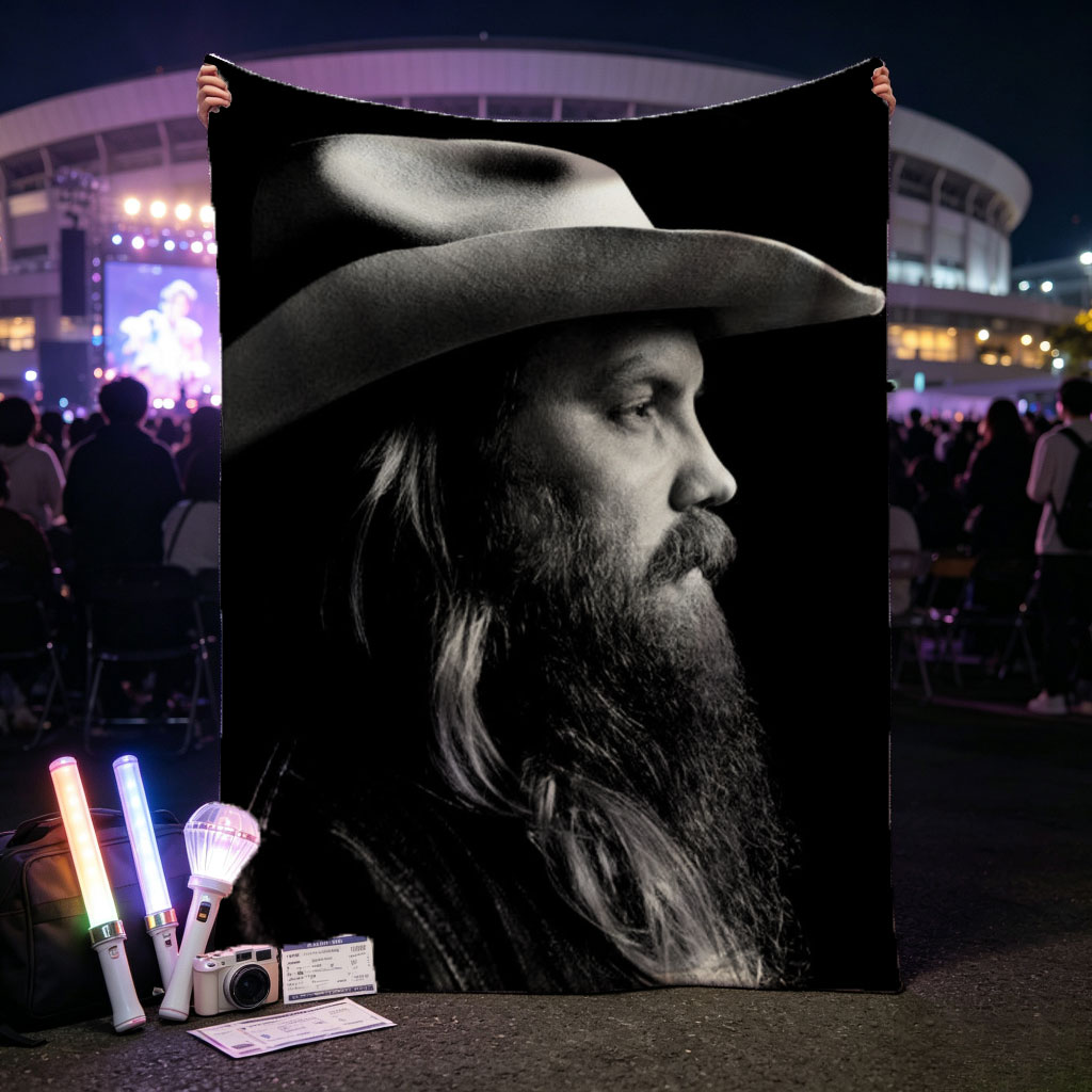 Chris Stapleton in Profile with Cowboy Hat and Long Beard in Black and White Portrait - Blankets