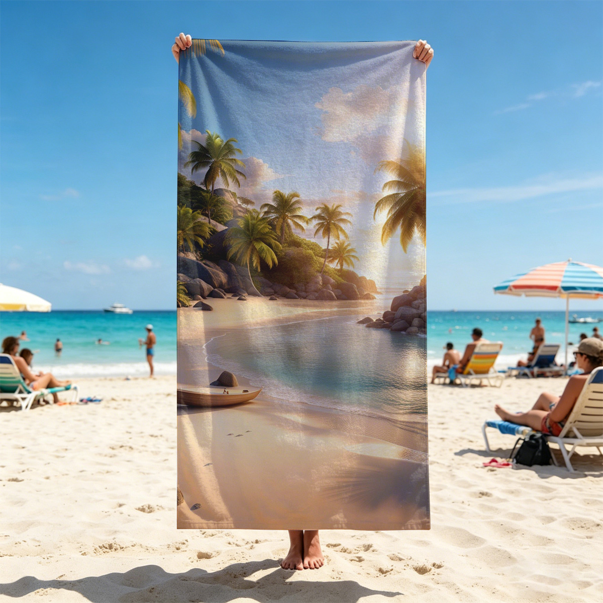 Serene Tropical Beach at Sunset with Palm Trees and Calm Waters - Beach towels