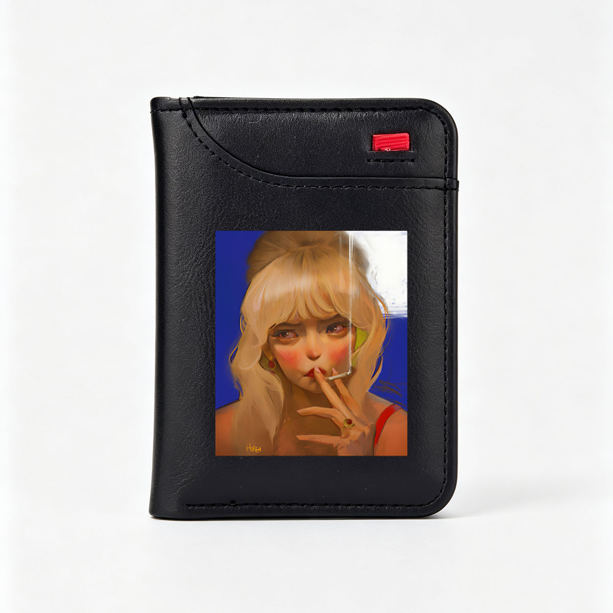 Blonde Woman Smoking Cigarette with Red Earrings and Ring - Vertical Style Wallet