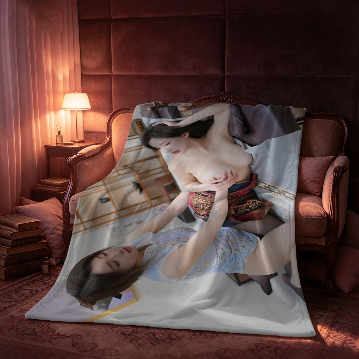 Nana in Christmas Bunny Bondage on Floral Bed - Blanket
