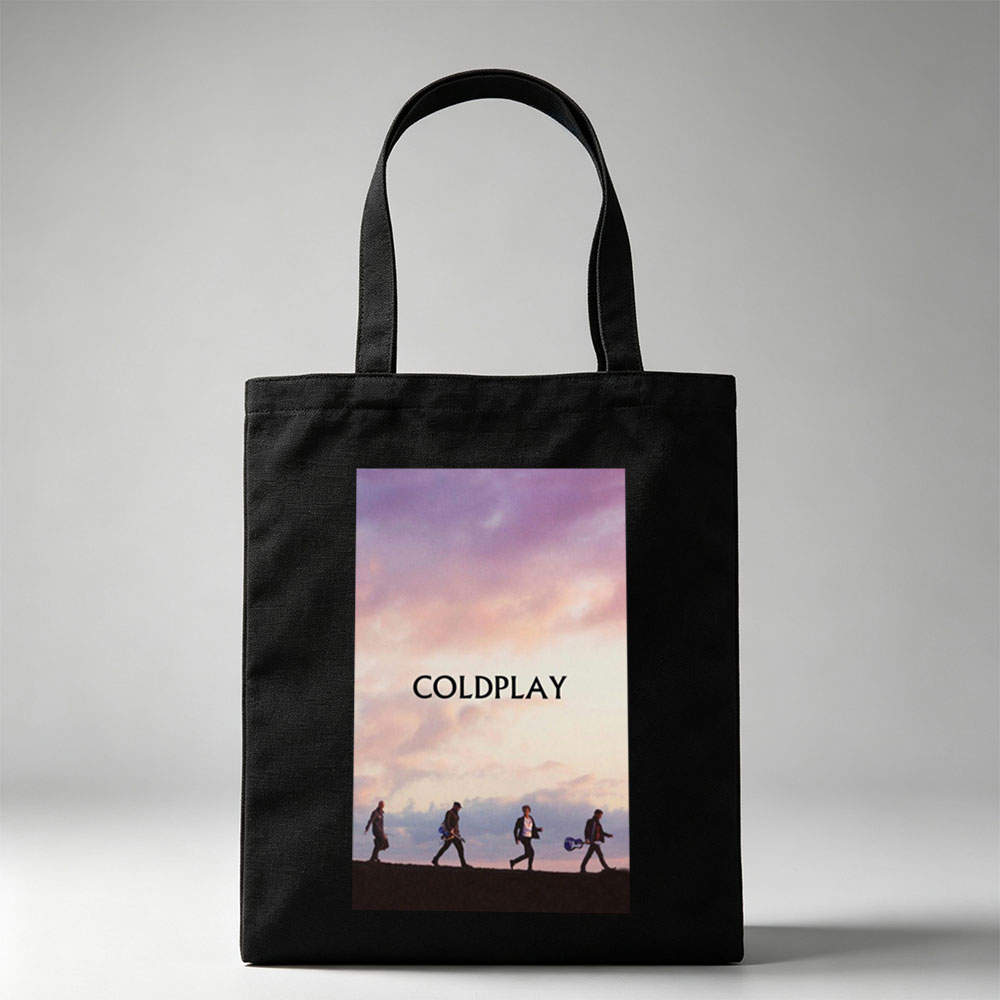 Coldplay Band Members Walking on a Hill at Sunset with Instruments - Canvas tote bags