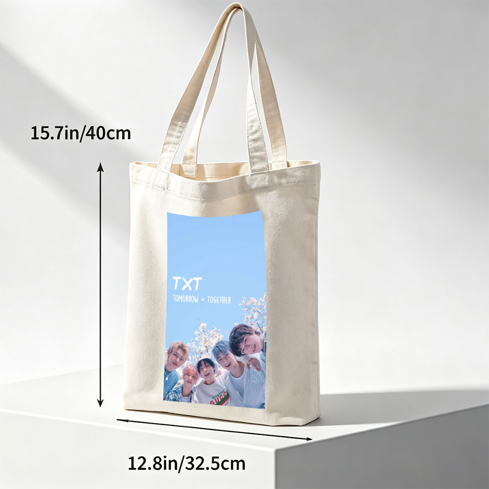 TXT Tomorrow x Together Members in a Spring Cherry Blossom Scene Under a Clear Blue Sky - Canvas tote bags