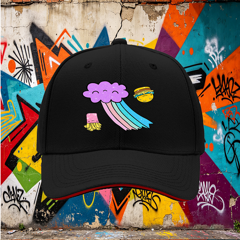 Unisex Classic Sandwich Hat with Kawaii Rainbow Cloud, Happy Burger & Fries Print – Perfect for Casual Outings, Festivals, and Daily Wear – Ideal for Teens and Young Adults Loving Fun Food-Themed Fashion