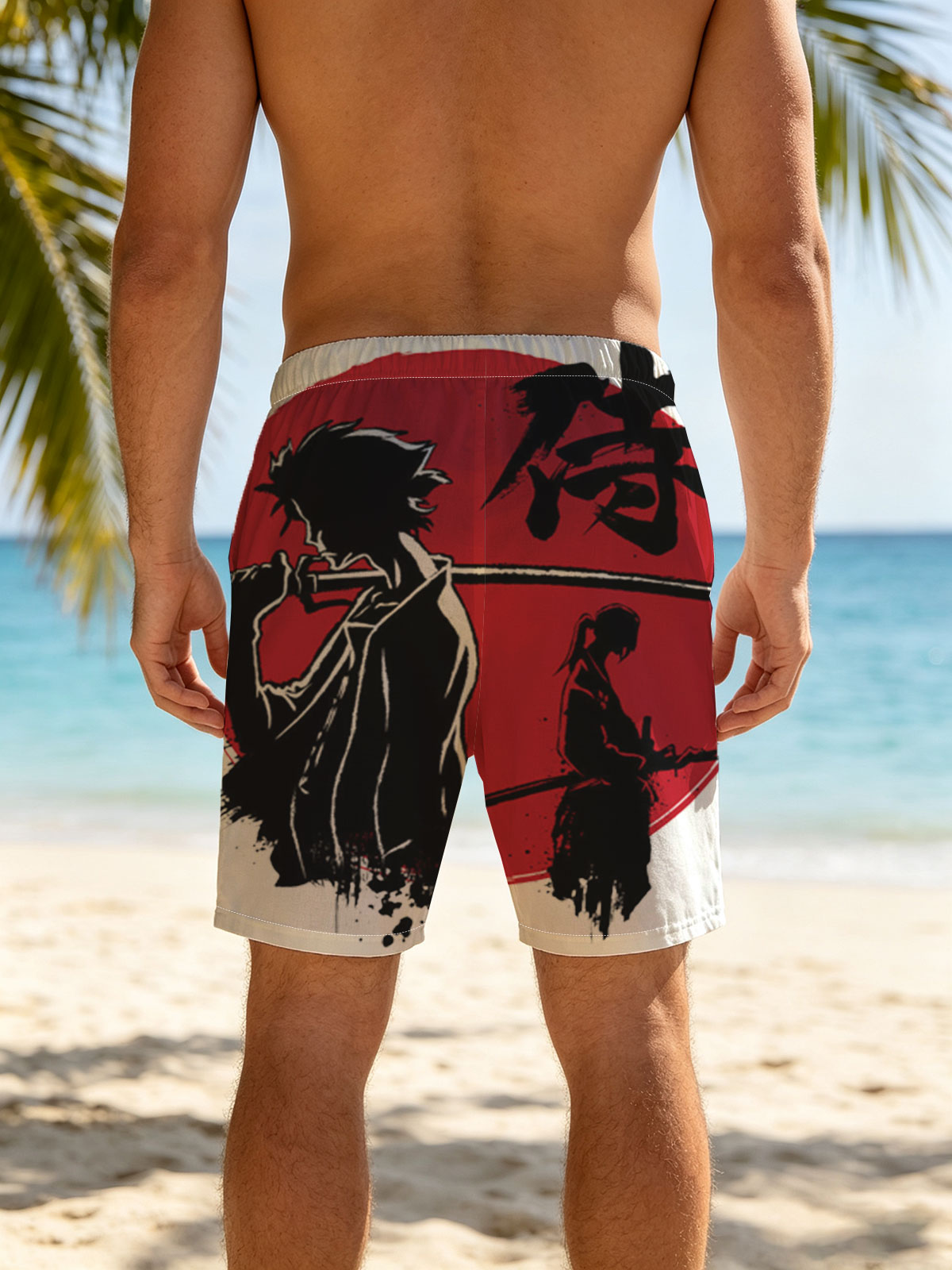 Samurai Silhouettes with Katana Against Red Moon Background -  Beach shorts