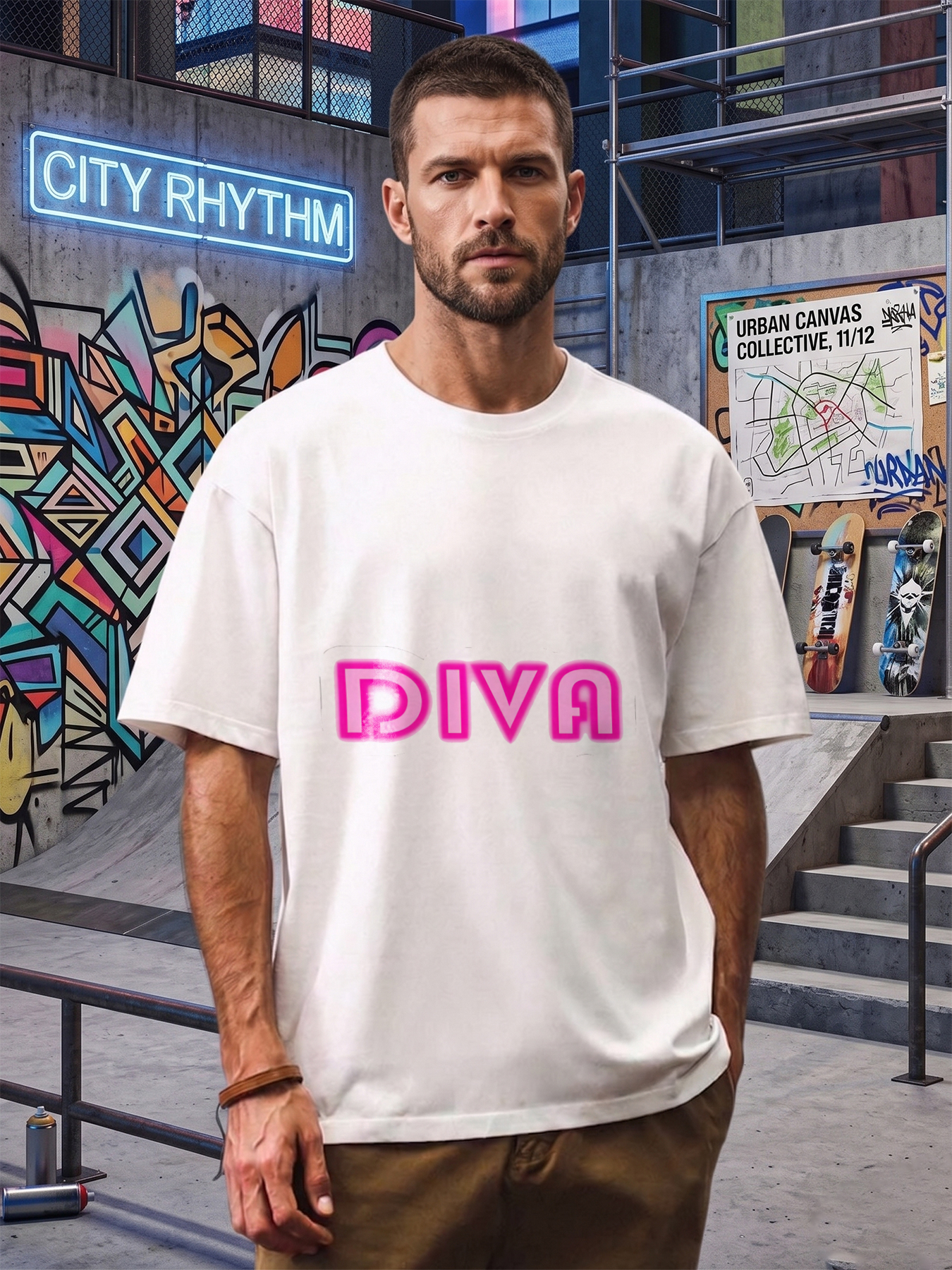 Men's Printed T-Shirt Diva Neon Pink Text Graphic Casual Round Neck Summer Lightweight Breathable Short Sleeve Tee for Trendy Urban Lifestyle Adults