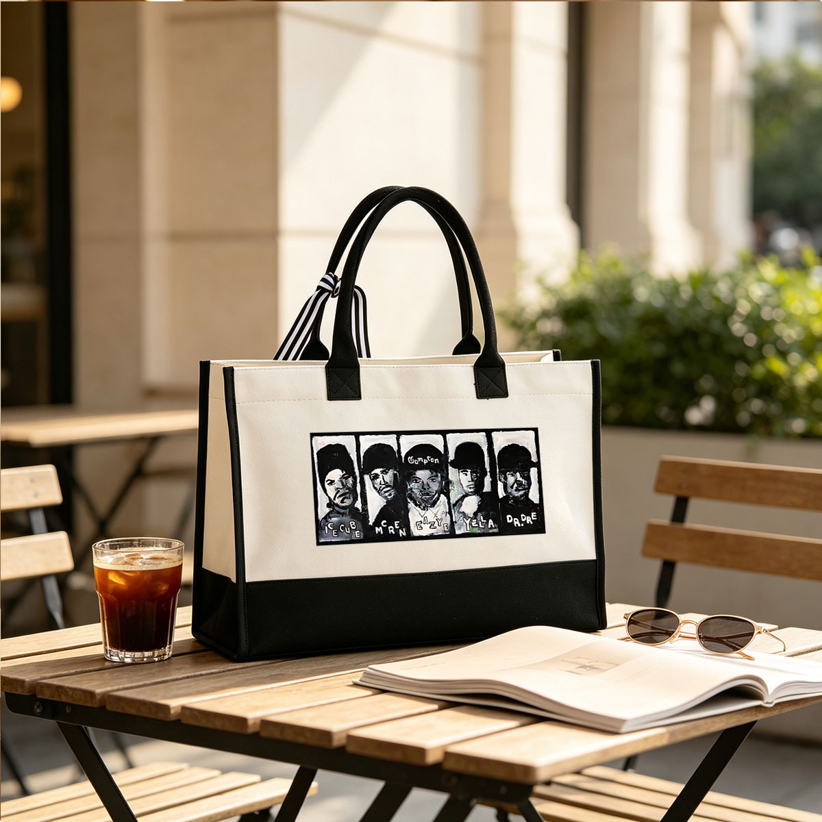 N.W.A. Members: Ice Cube, MC Ren, Eazy-E, Yella, Dr. Dre – Iconic Rap Group Portraits - Canvas patchwork gift tote bag