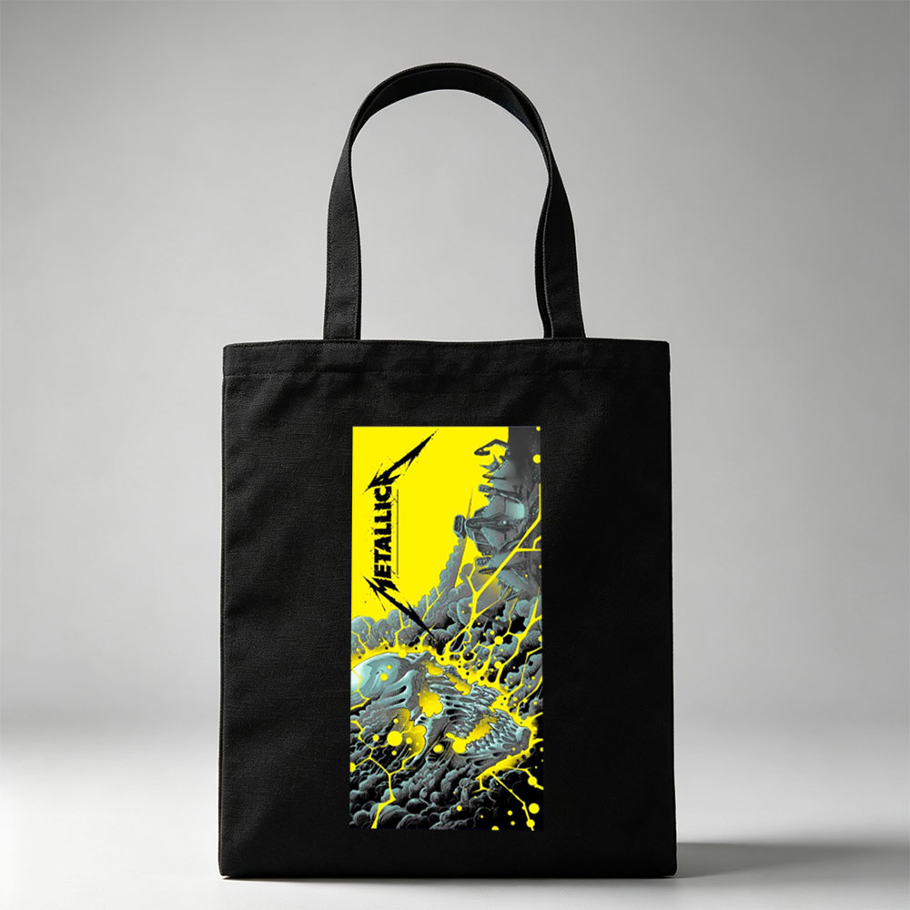 Metallica Band in Explosive Comic-Style Scene with Electric Yellow and Black Mechanical Chaos - Canvas tote bags