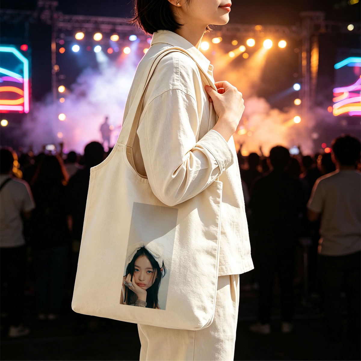 Hanni of NewJeans in a Soft Portrait with White Bow Headband and Elegant Jewelry - Canvas shoulder bags/
