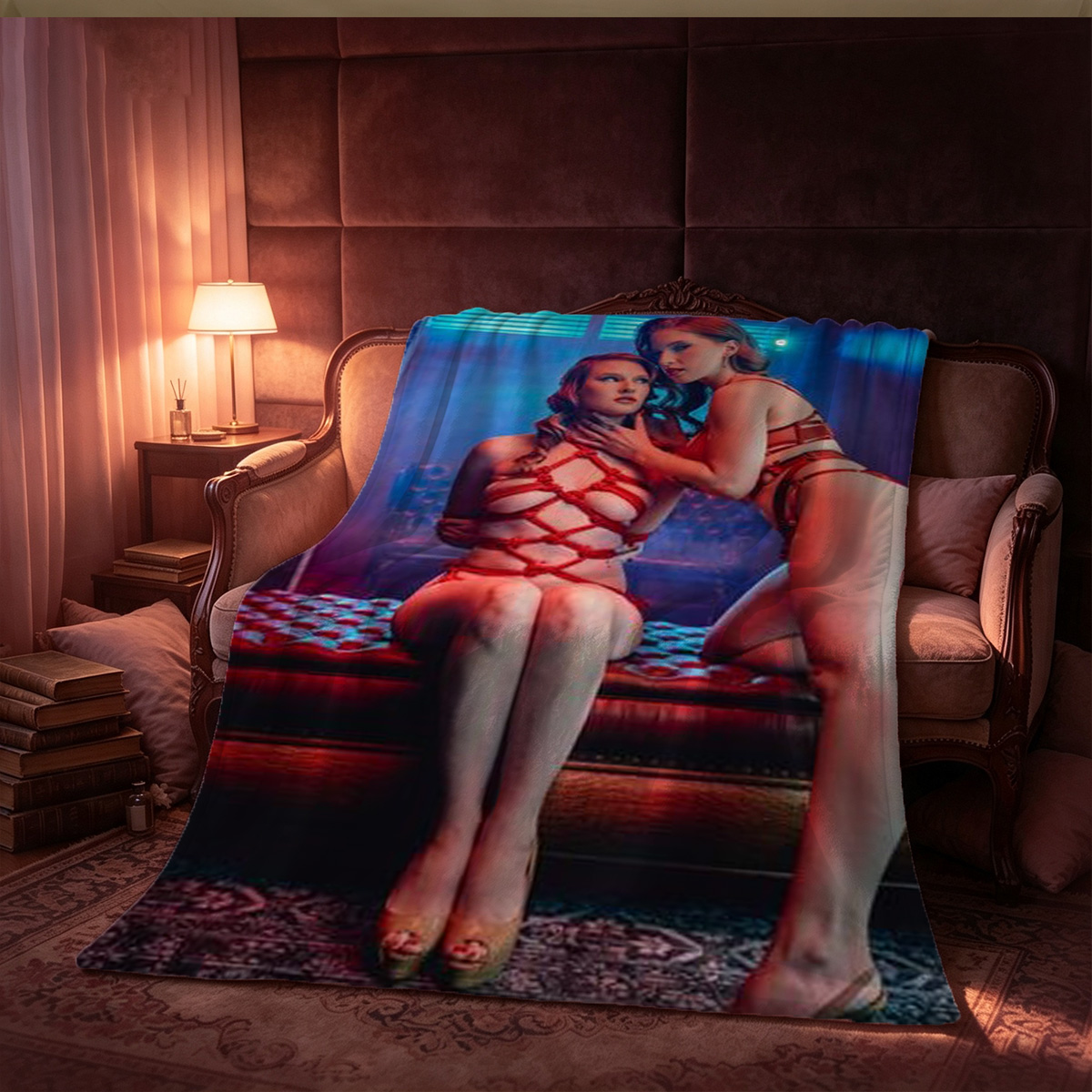Blonde woman in sheer black bodysuit and lace gloves posing on bed. - Blanket