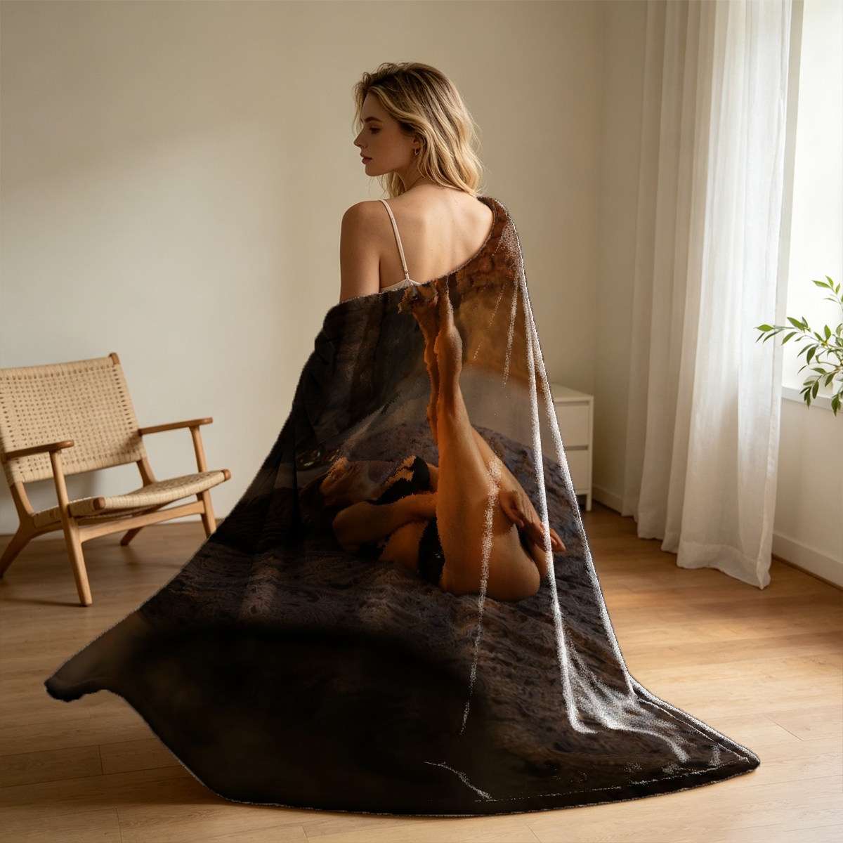 Backless Blue Satin Dress on Leather Couch - Blanket