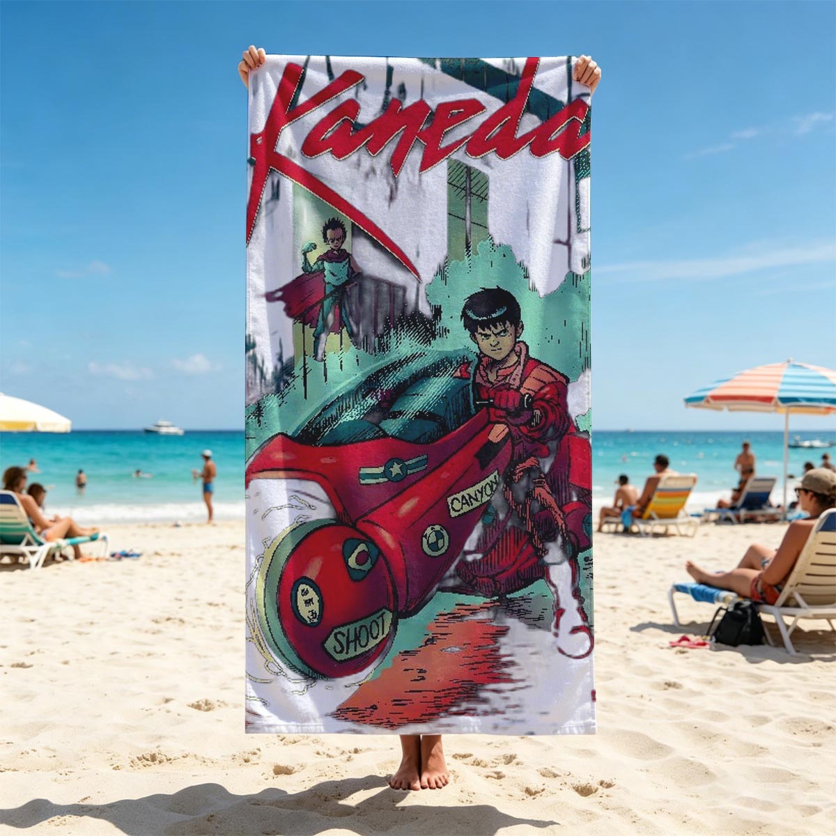 Kaneda on Red Motorcycle with Future City Background - Beach towels