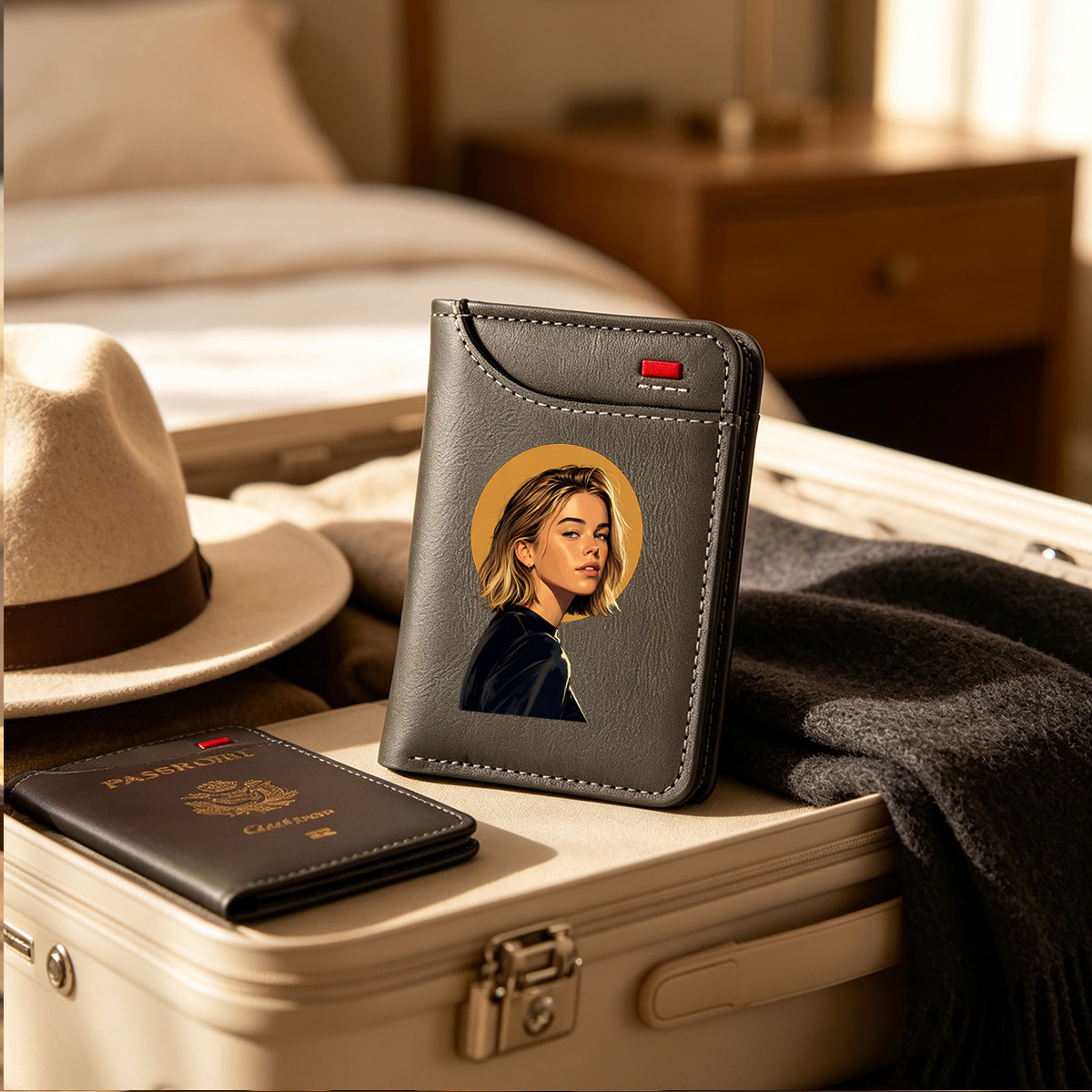 Portrait of a blonde woman with a golden halo, wearing a black outfit, set against a dark background. - Vertical Style Wallet