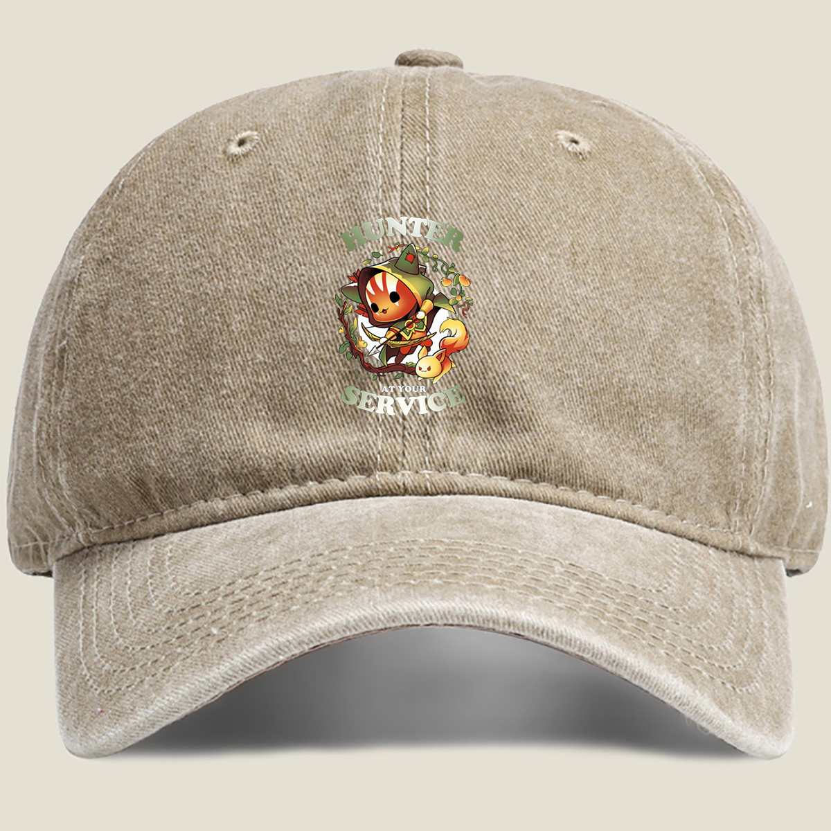 Hunter at Your Service - Chibi Archer and Fox Companion - Washed Denim - Baseball Cap