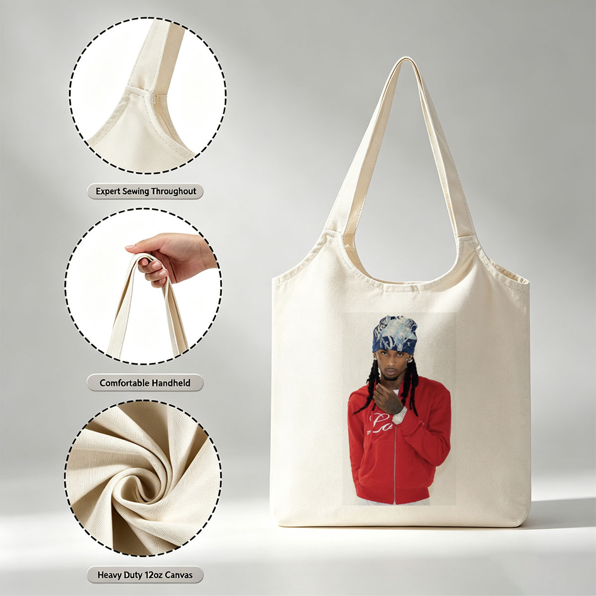 Travis Scott in a Red Hoodie and Bandana, Stylish Streetwear Look - Canvas shoulder bags/