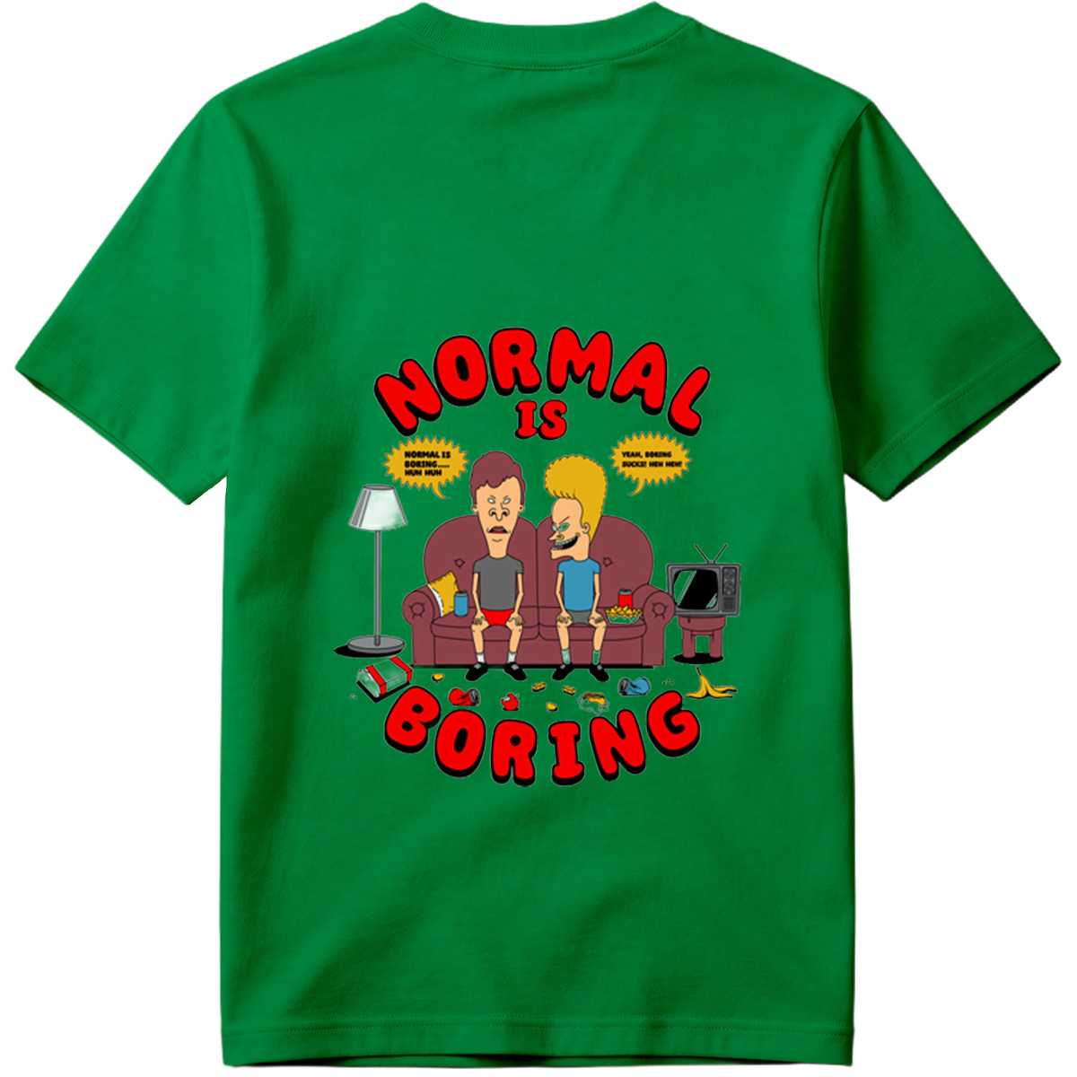 Normal Is Boring: Two Cartoon Characters on Couch with Chaos Around - Tee
