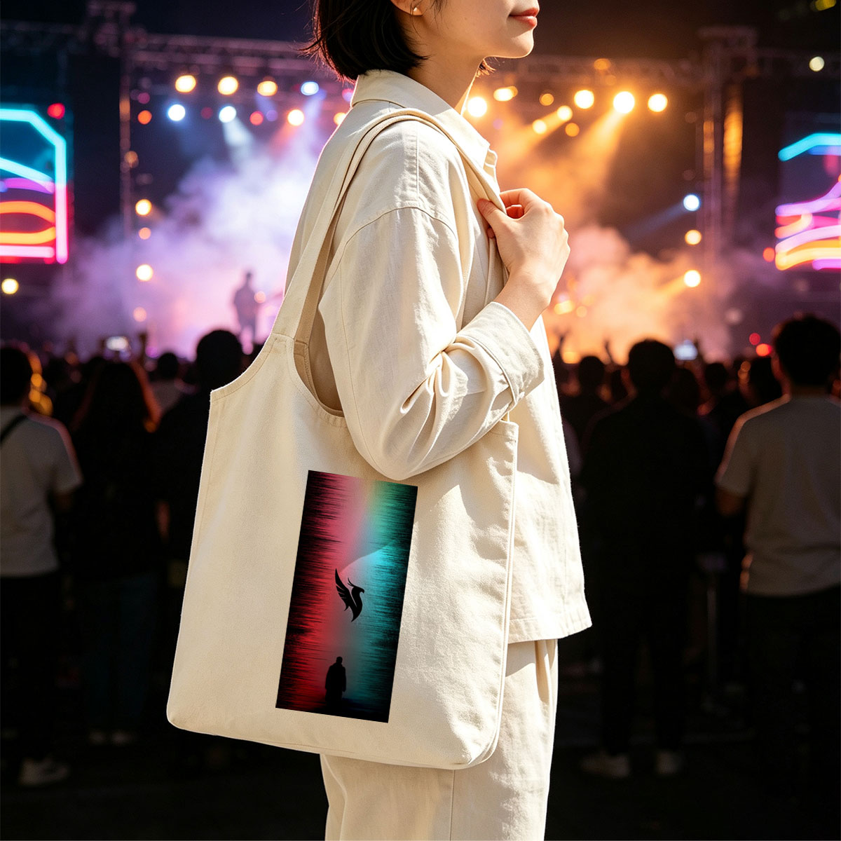 Linkin Park - Silhouette of a Man Standing Before a Winged Bird Symbol Against a Red and Blue Gradient Background - Canvas shoulder bags/