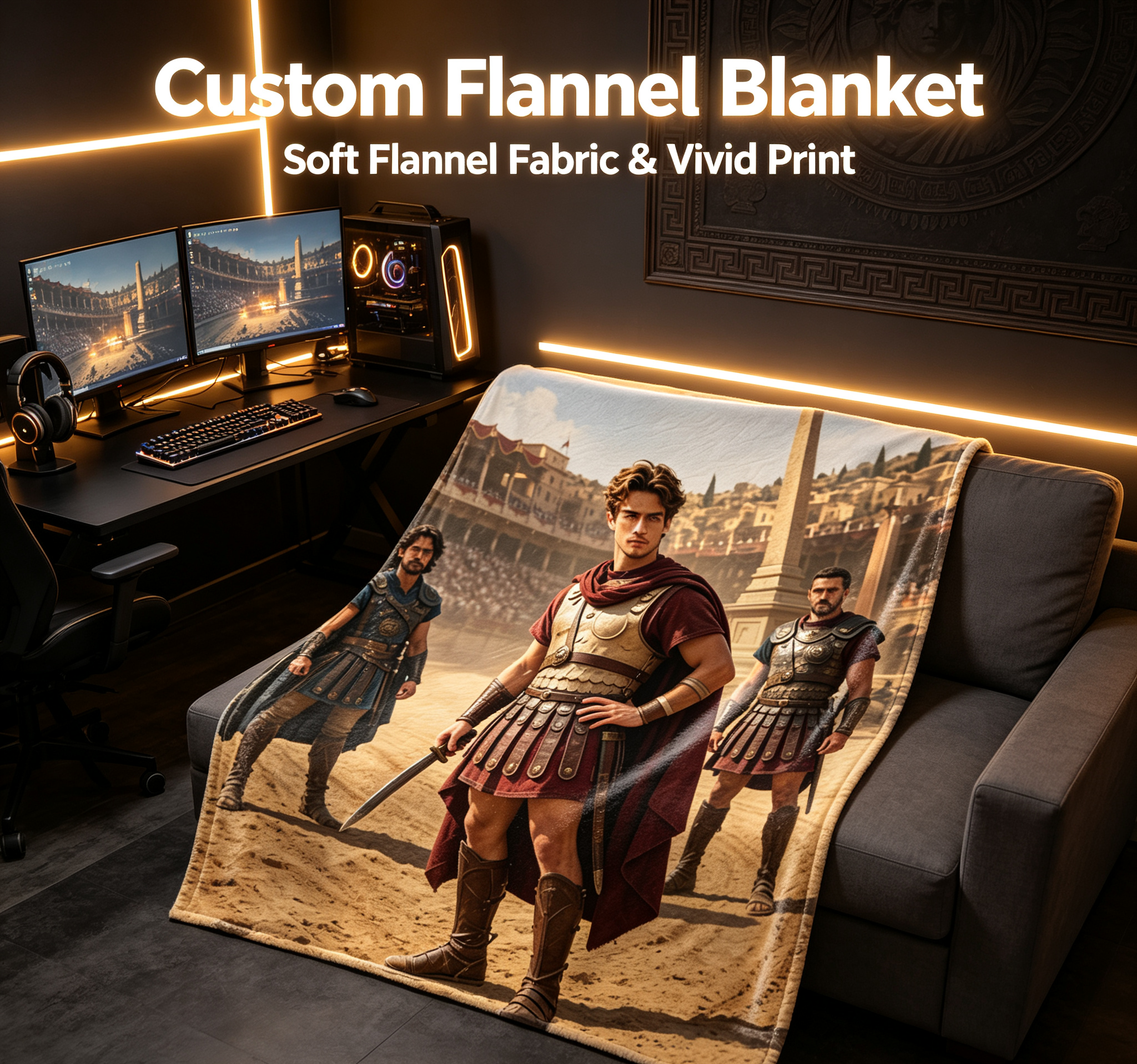 Custom Face Blanket Roman Gladiator Arena Warrior Flannel Blanket for Couch or Bed Cozy Gift for History Fans and Ancient Rome Enthusiasts
