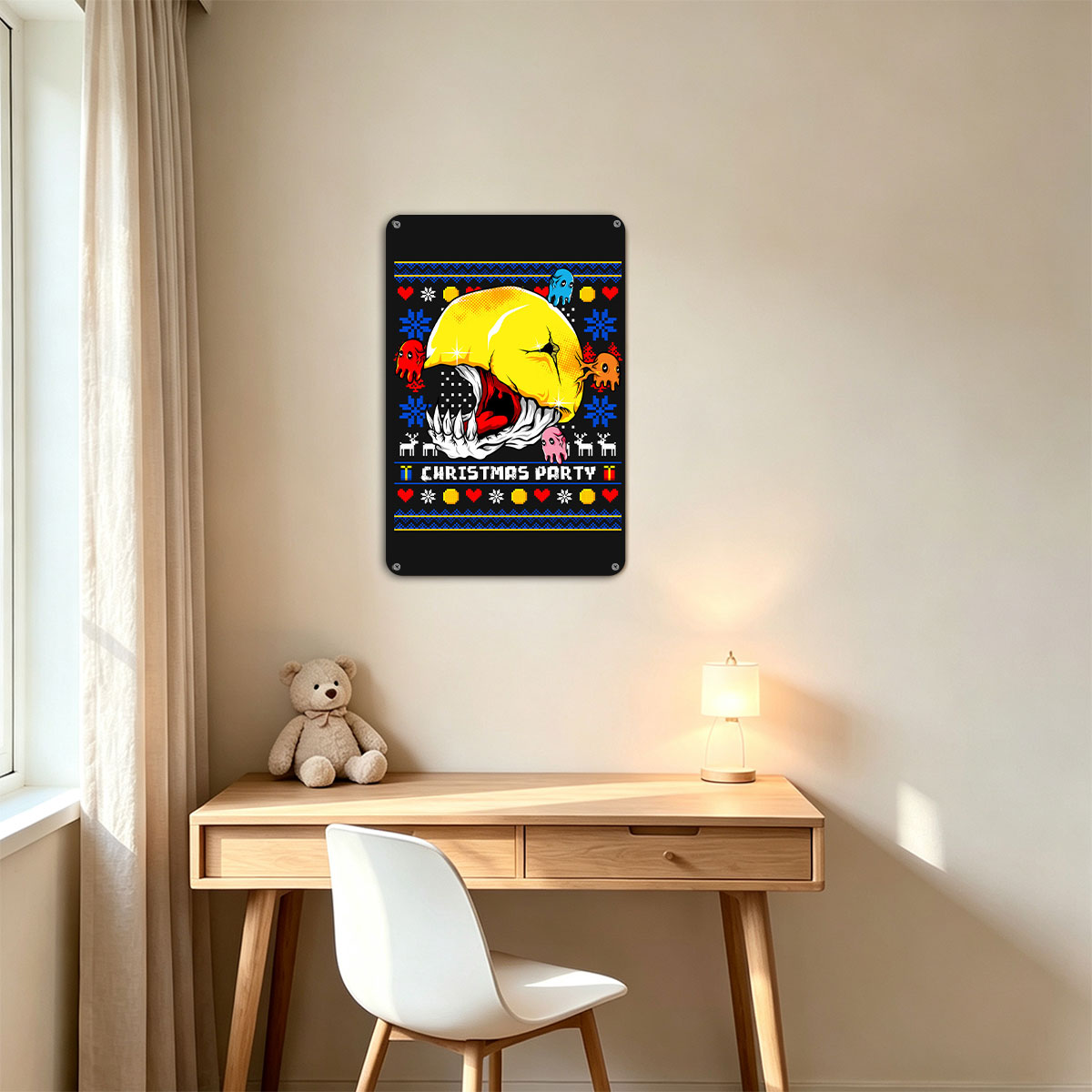 Pac-Man Christmas Party with Ghosts and Holiday Patterns - painting