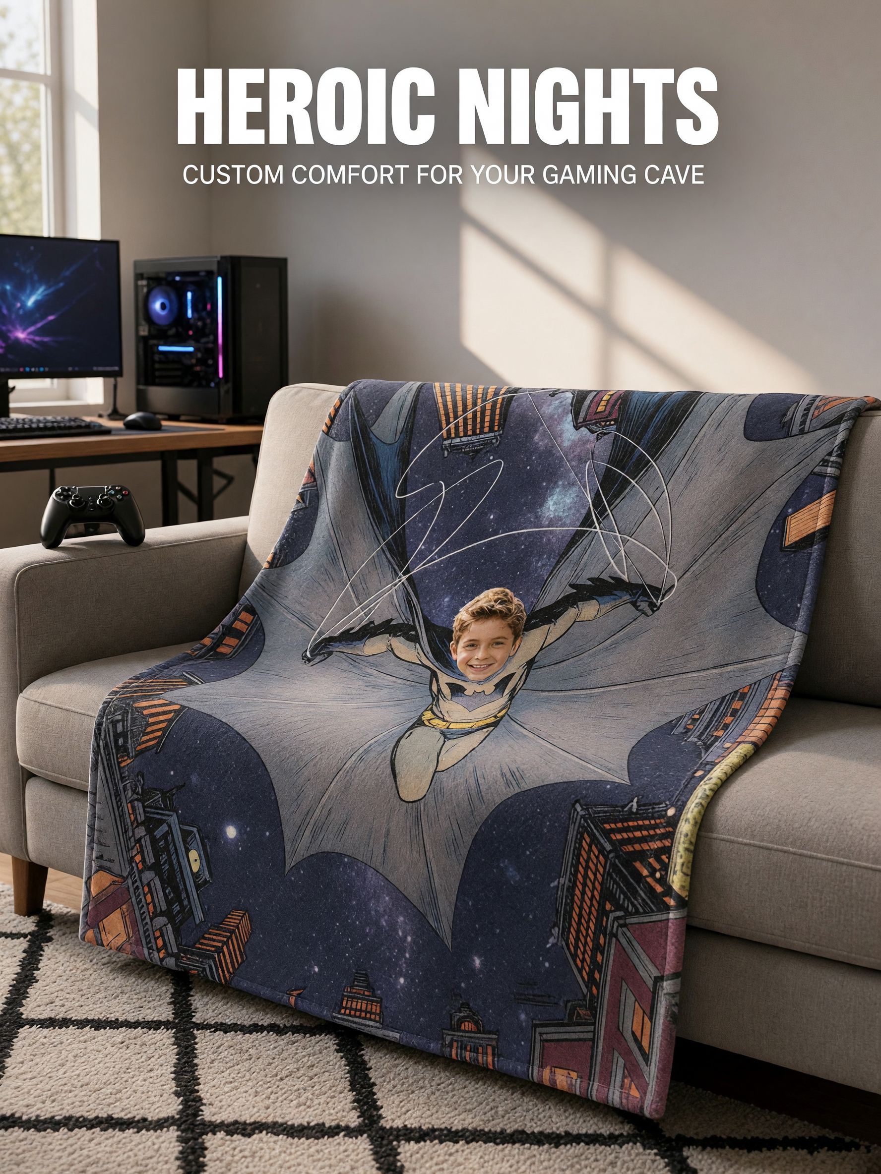 Custom Superhero Face Photo Blanket, Personalized Soft Flannel Throw, Comic Flying Hero Couch Wrap, Unique Memory Gift