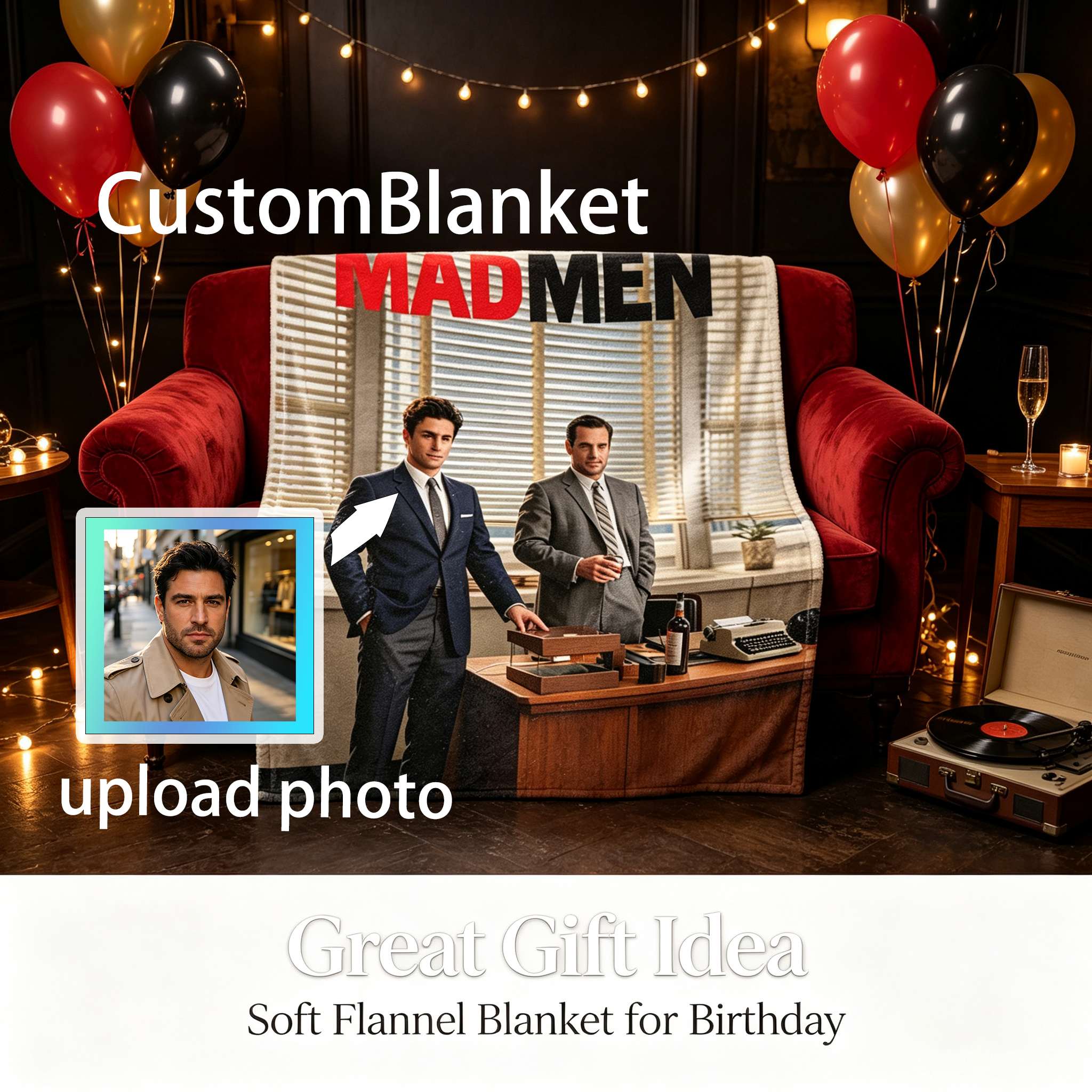 Custom Face Blanket Mad Men TV Show Flannel Blanket Office Theme Gift for Fans and Collectors