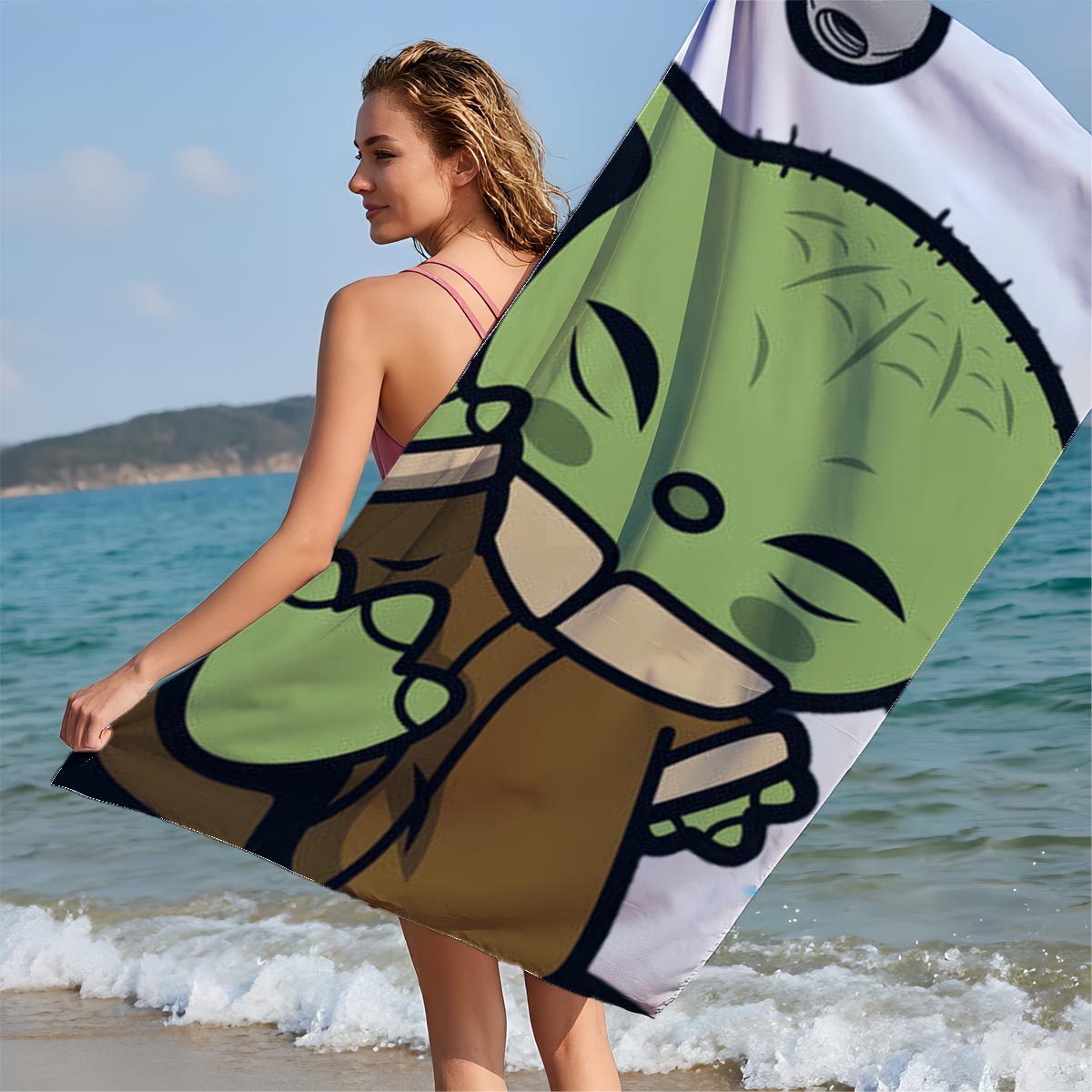 Baby Yoda Hugging a Cup with Stars and Droid in Background - Beach towels