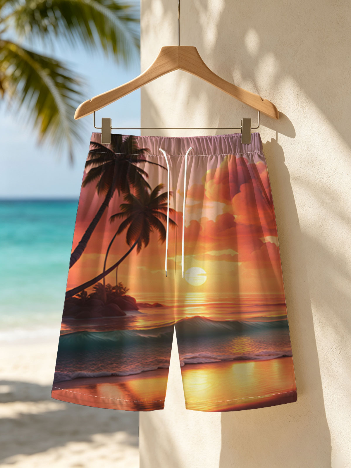 Tropical Sunset Beach with Palm Trees and Golden Waves -  Beach shorts