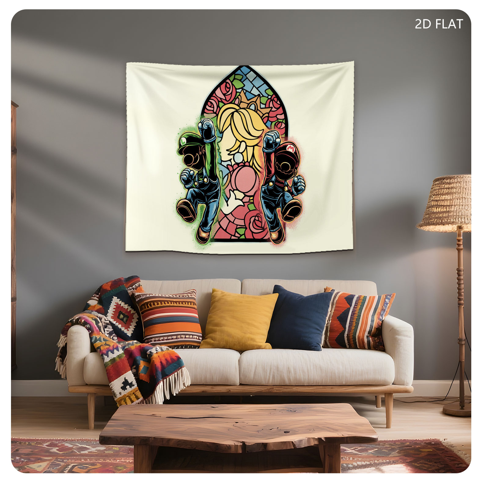 Mario and Luigi Guarding Princess Peach in Stained Glass Style - Tapestry