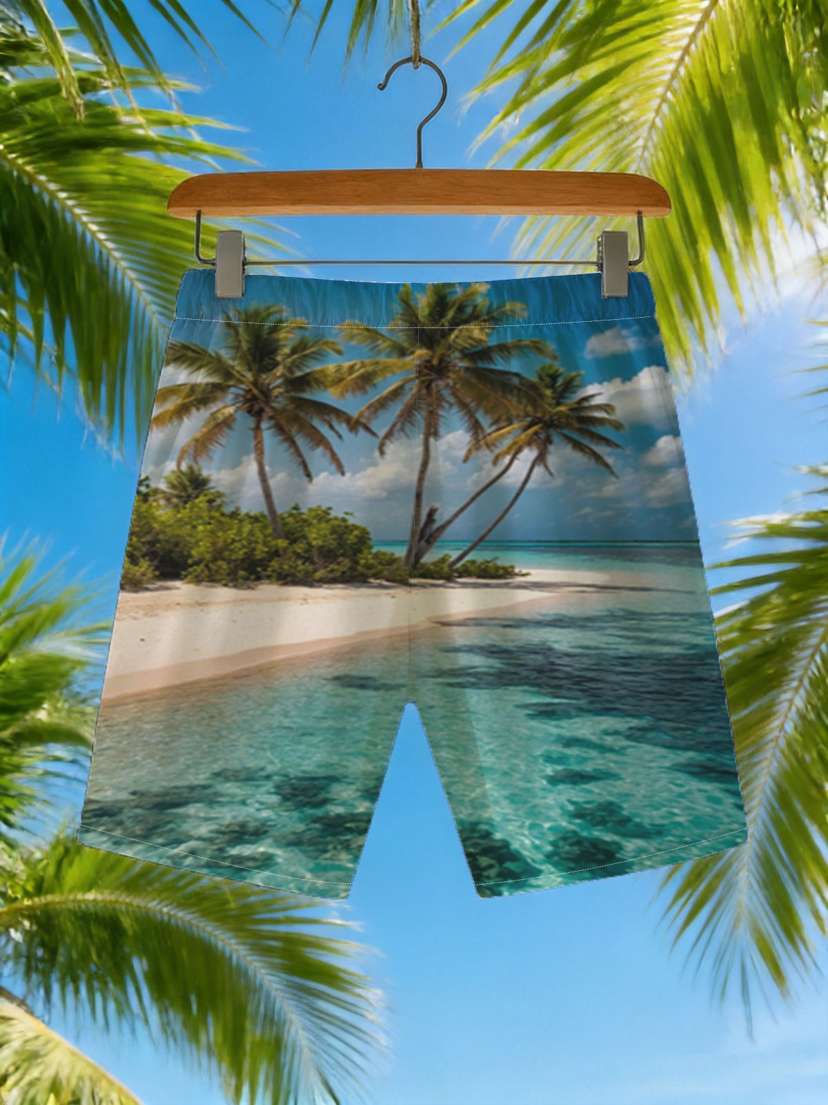 Tropical Beach with Palm Trees and Crystal Clear Water -  Beach shorts