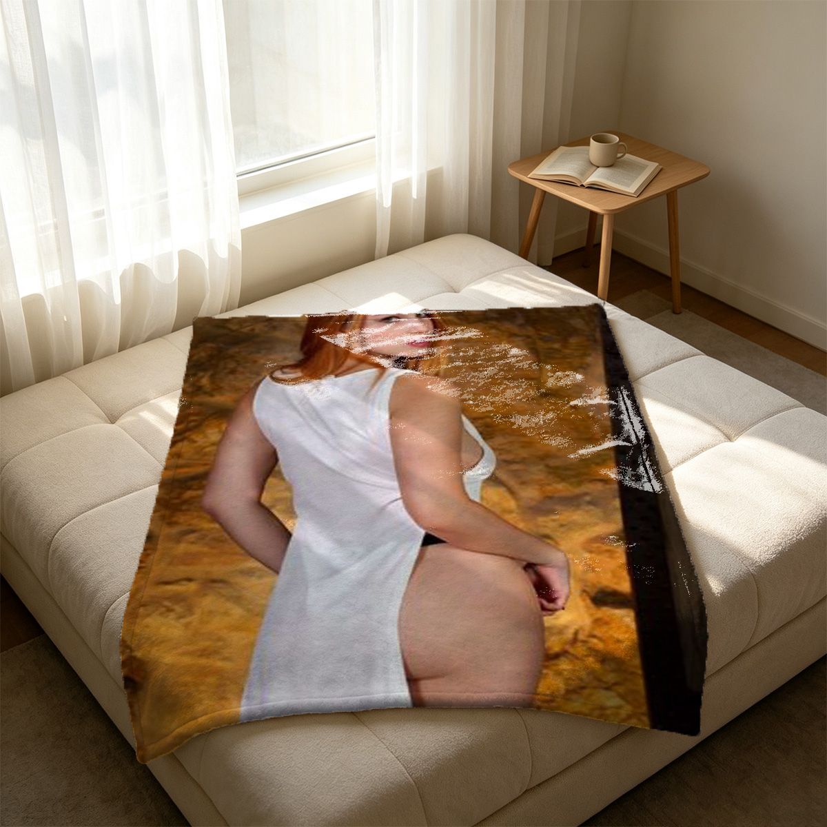Redhead in white ruffled blouse and black corset lingerie - Blanket