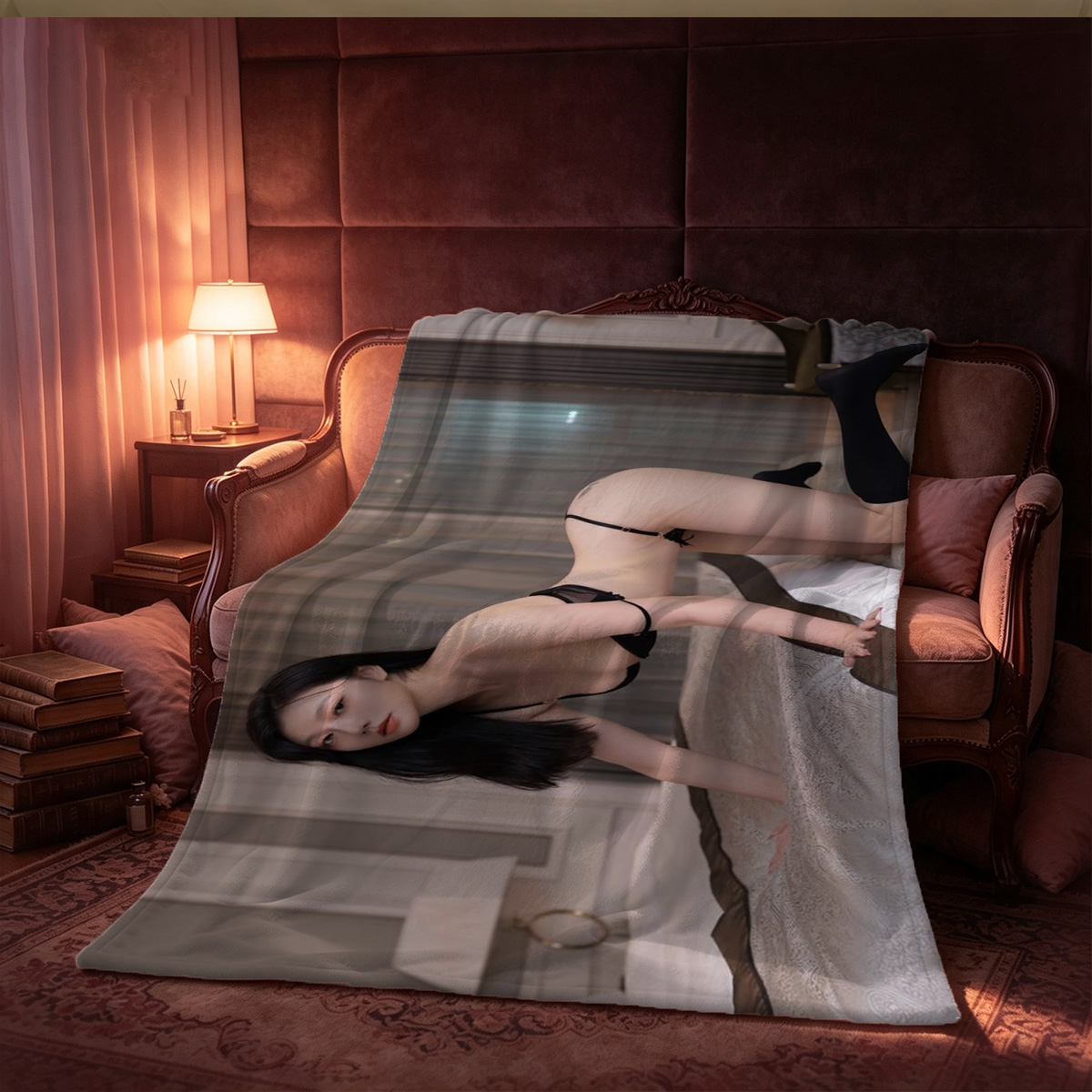 A young woman in white lingerie bound spread-eagle on a wooden table surrounded by photographs. - Blanket