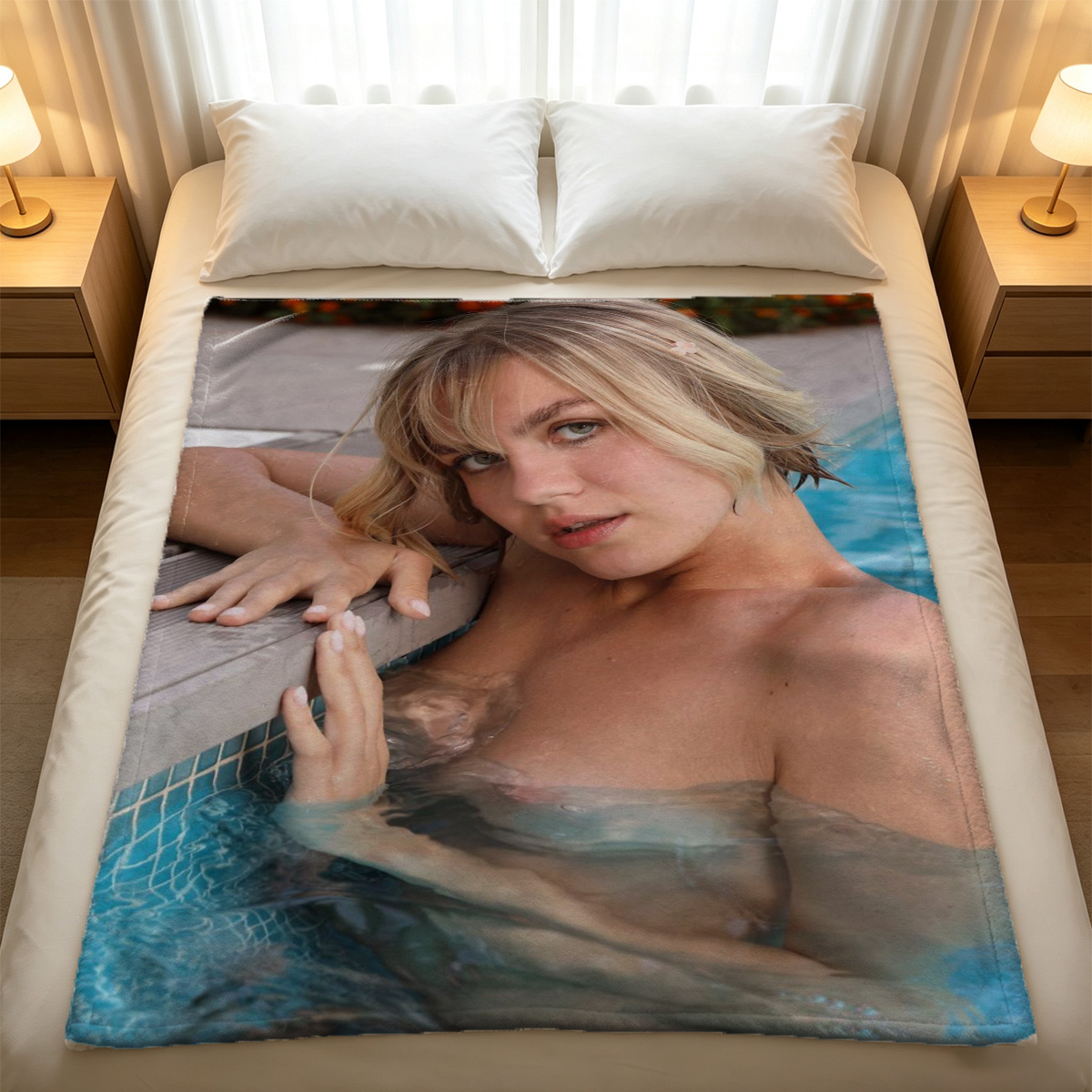 A woman with glasses in green lace lingerie sitting on a chair. - Blanket