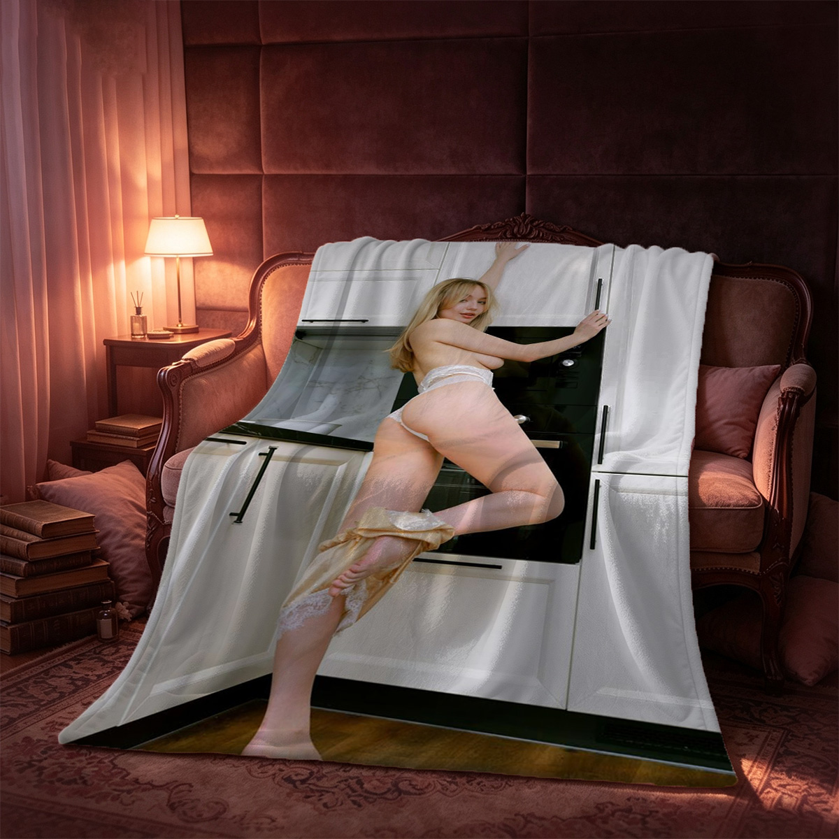 Blonde woman in pink lace lingerie posing seductively - Blanket