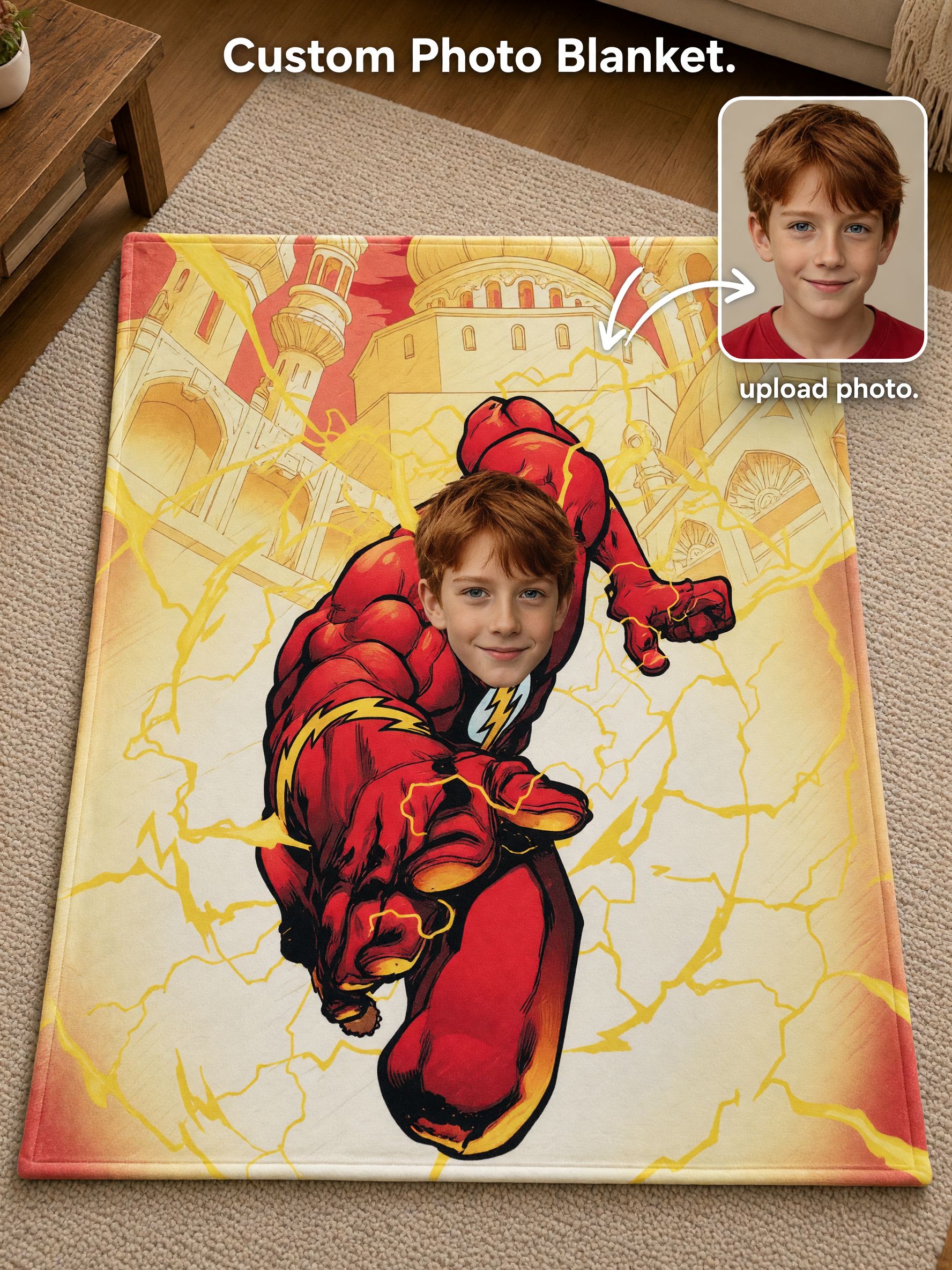 Custom Superhero Photo Face Blanket Ultra Soft Flannel Throw Personalized Comic Gift for Kids Couch Bed